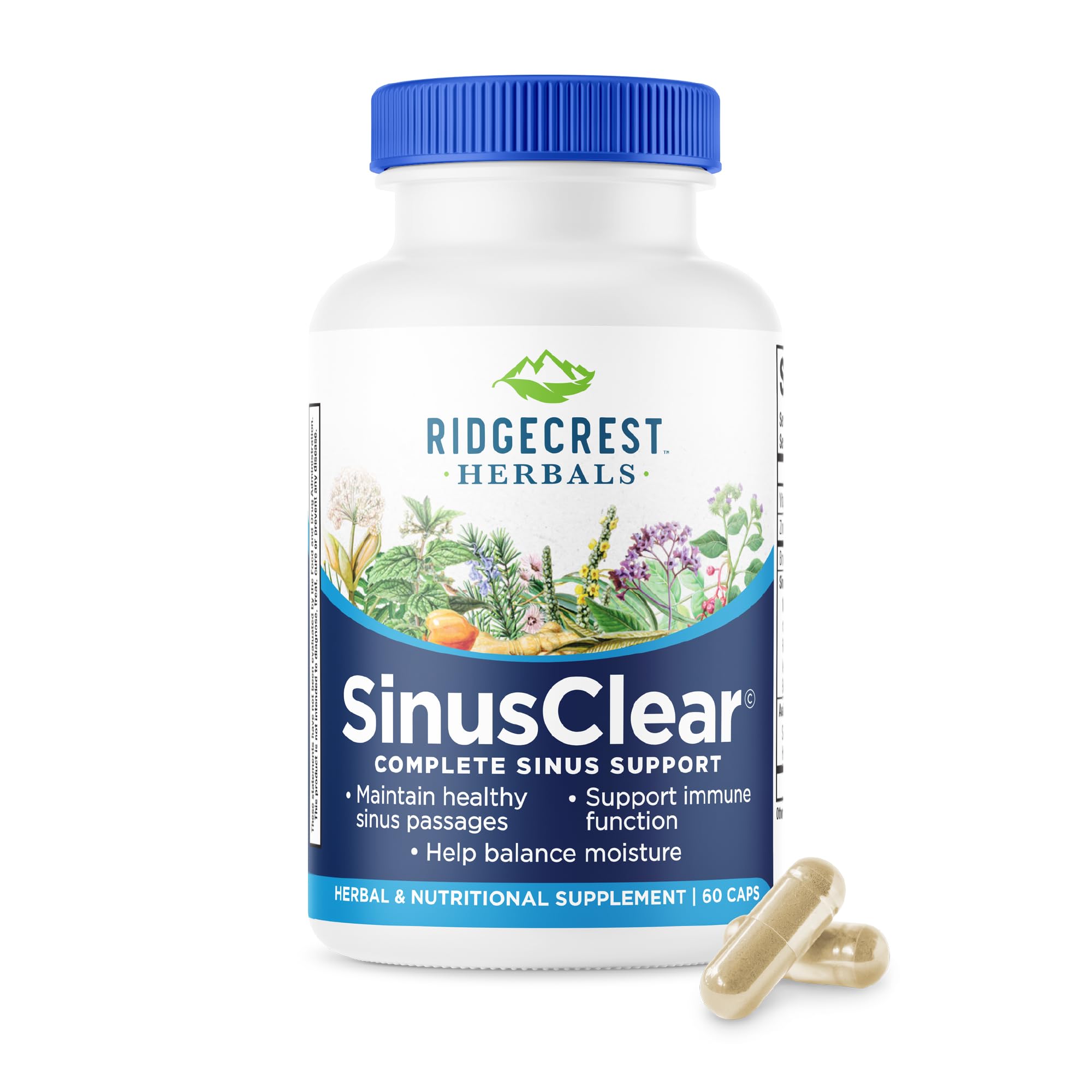 RidgeCrest Herbals SinusClear frasco de cápsulas para apoyar vías nasales y salud respiratoria.
