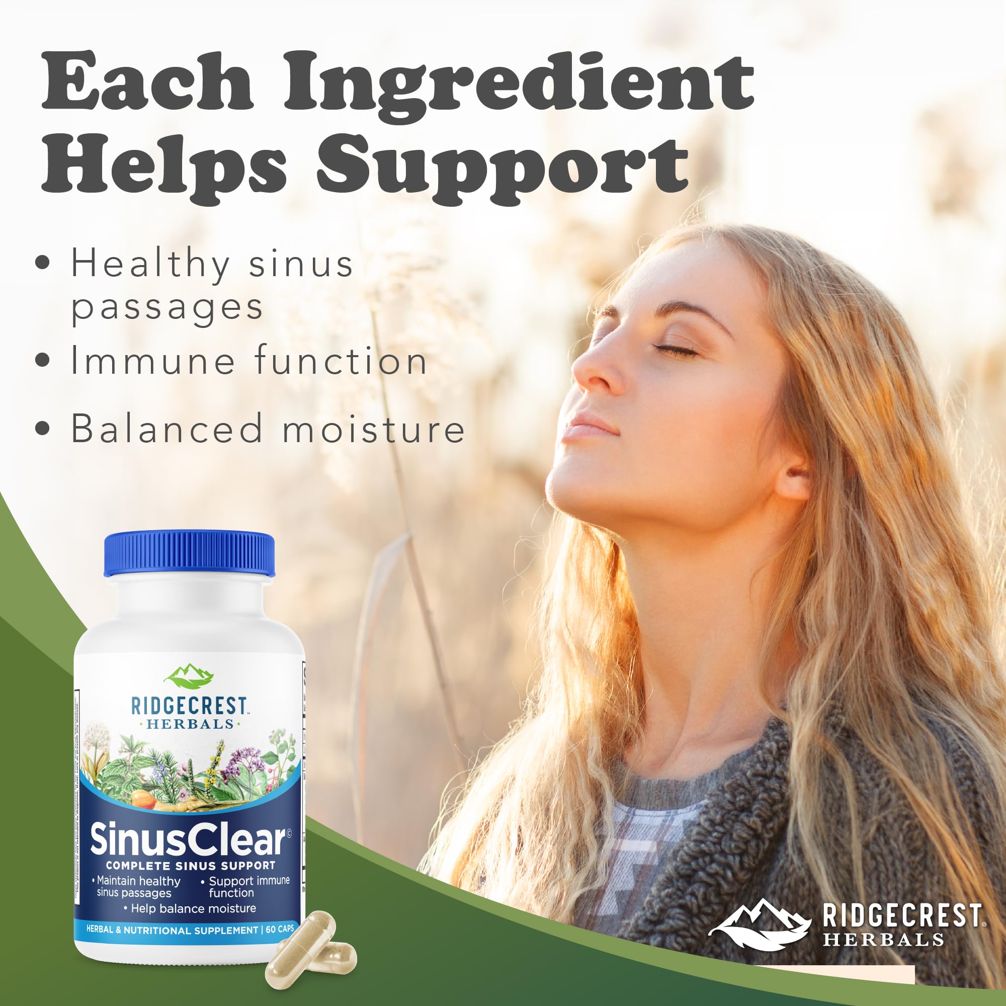 RidgeCrest Herbals SinusClear ingredientes clave para la salud nasal durante todo el año.