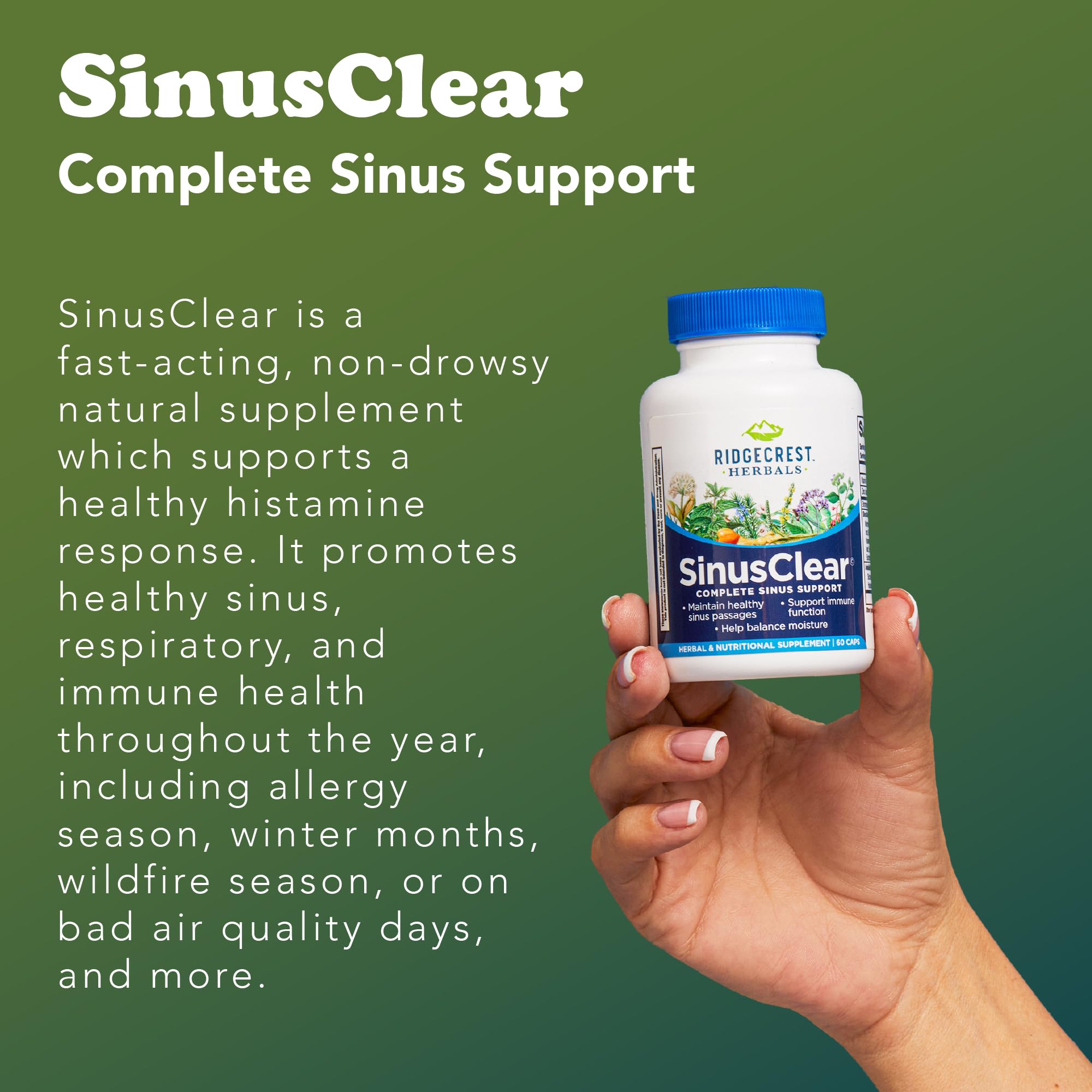 RidgeCrest Herbals SinusClear presentación 60 cápsulas para conveniencia diaria.