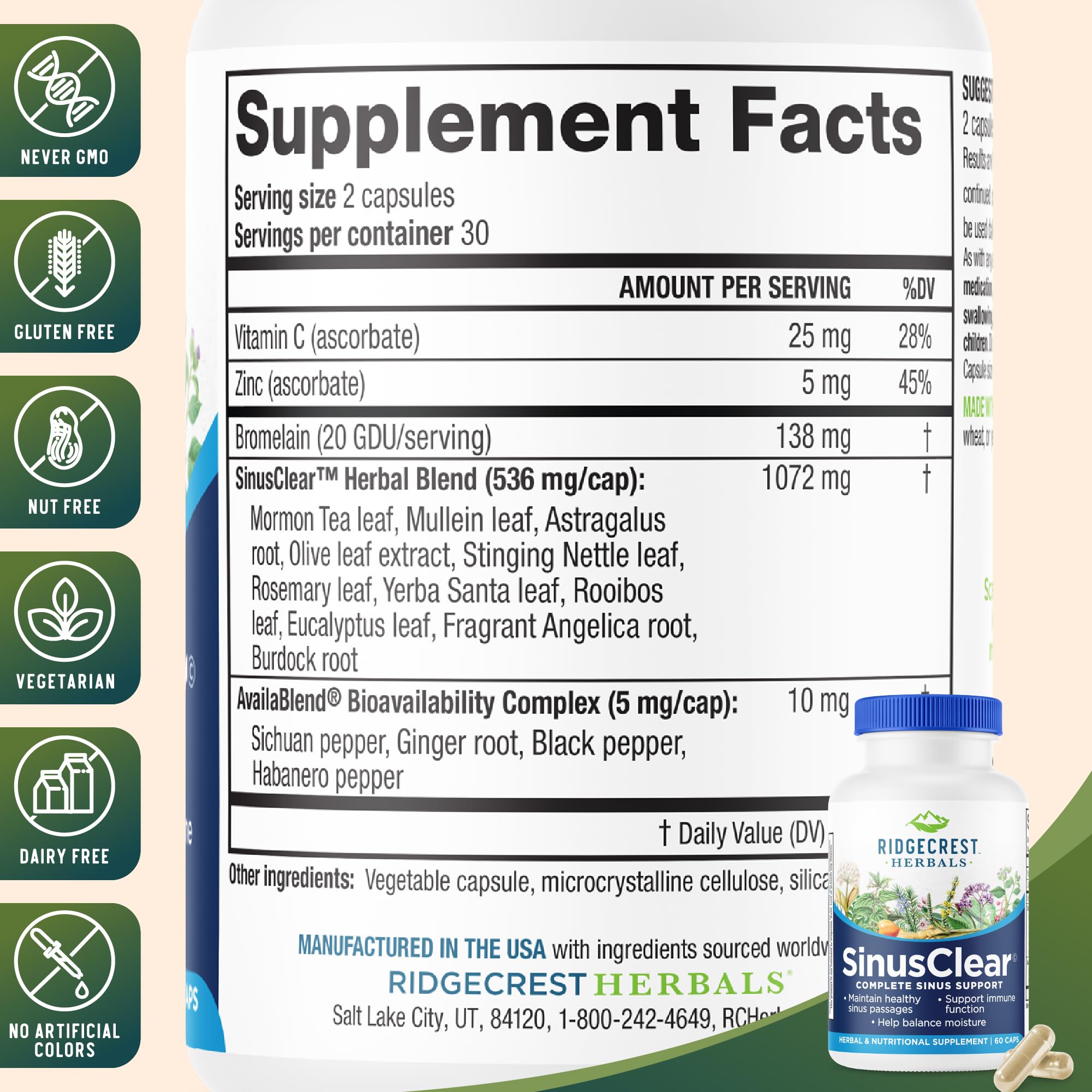 RidgeCrest Herbals SinusClear uso diario para mantener vías respiratorias claras.