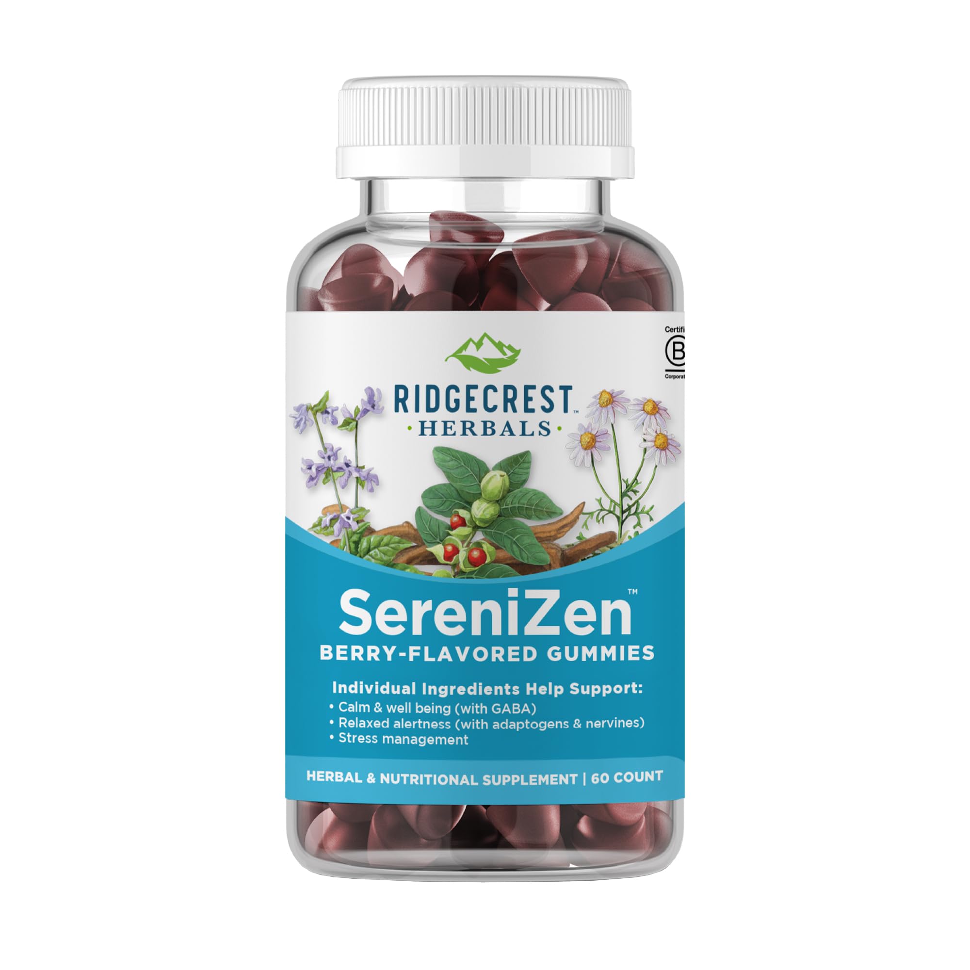 RidgeCrest SereniZen gomitas en frasco para apoyo diario de relajación y bienestar.