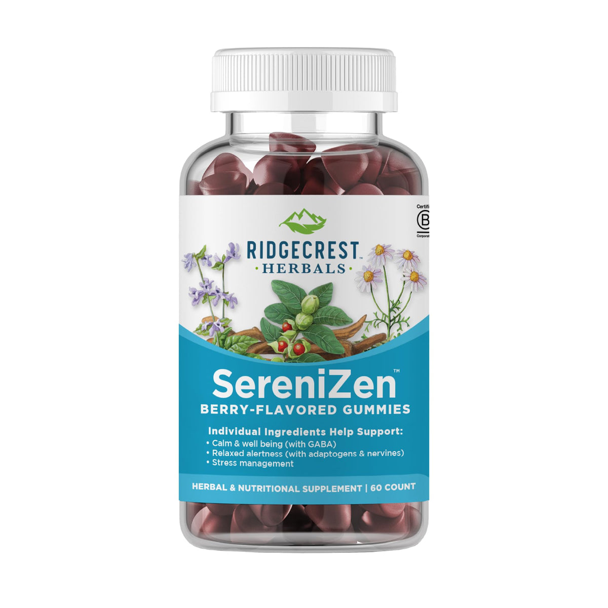 RidgeCrest SereniZen gomitas en frasco para apoyo diario de relajación y bienestar.