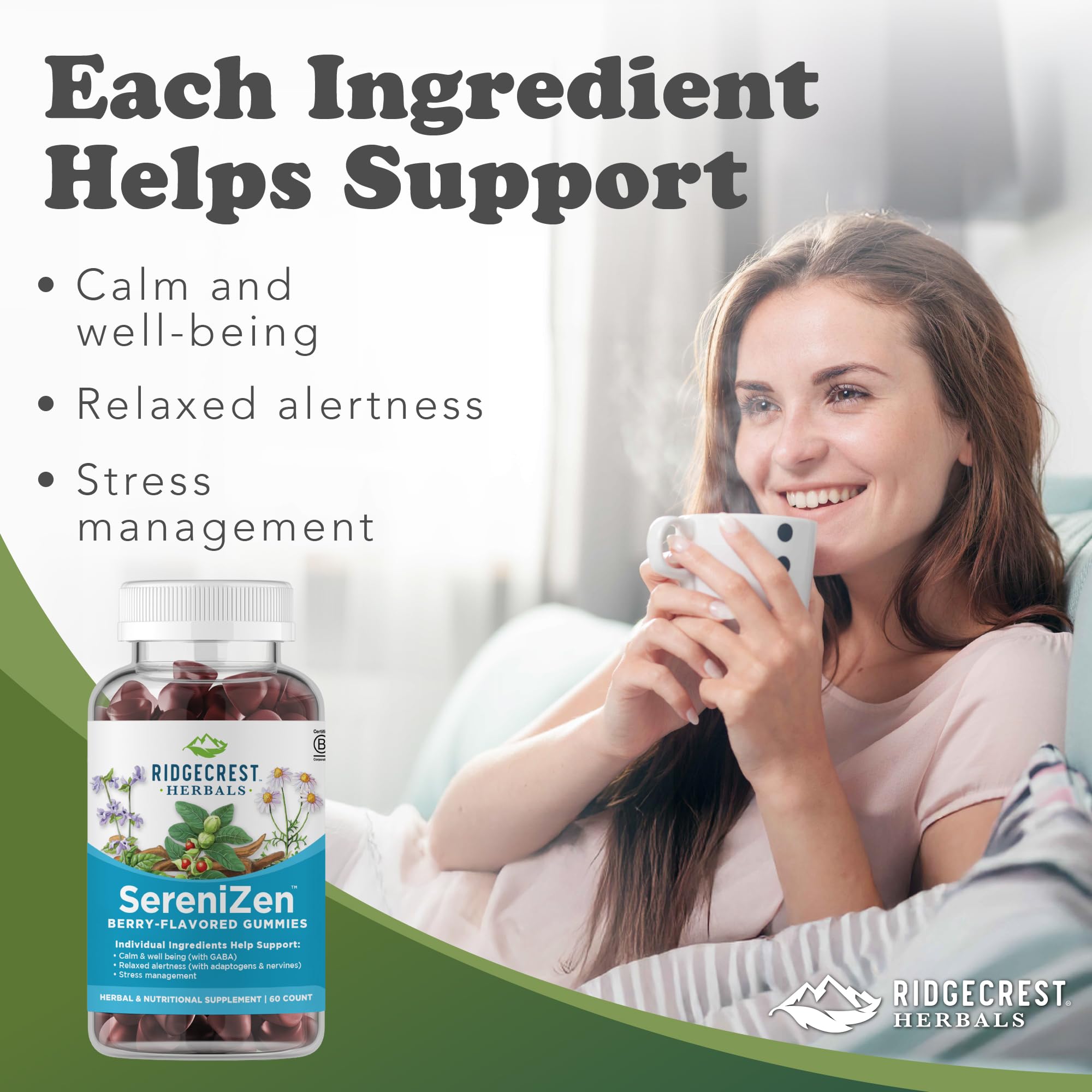 RidgeCrest SereniZen gomitas: lista de ingredientes clave para calma emocional.
