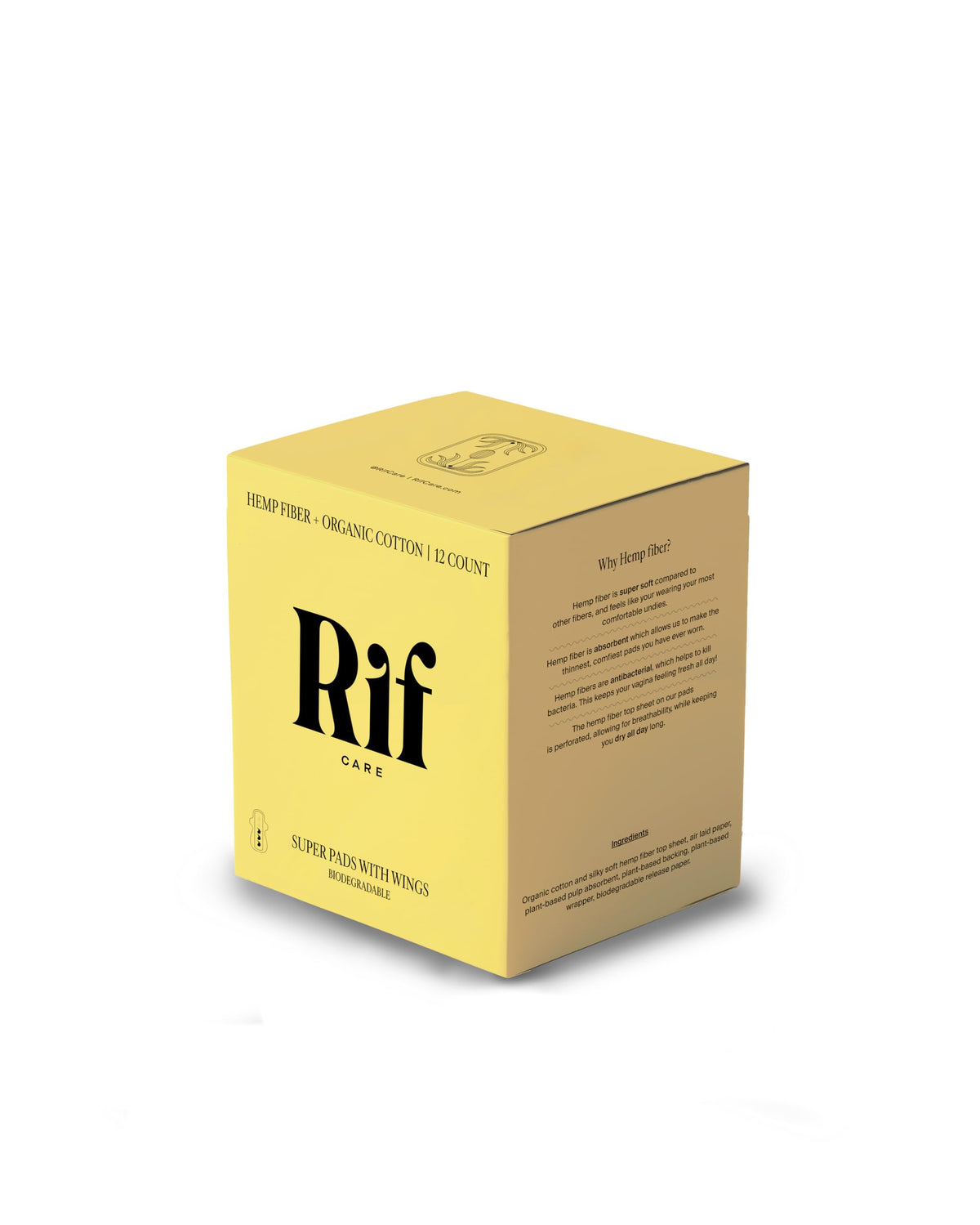 Rif Care almohadillas menstruales con fibras hemp, protección duradera para el día.