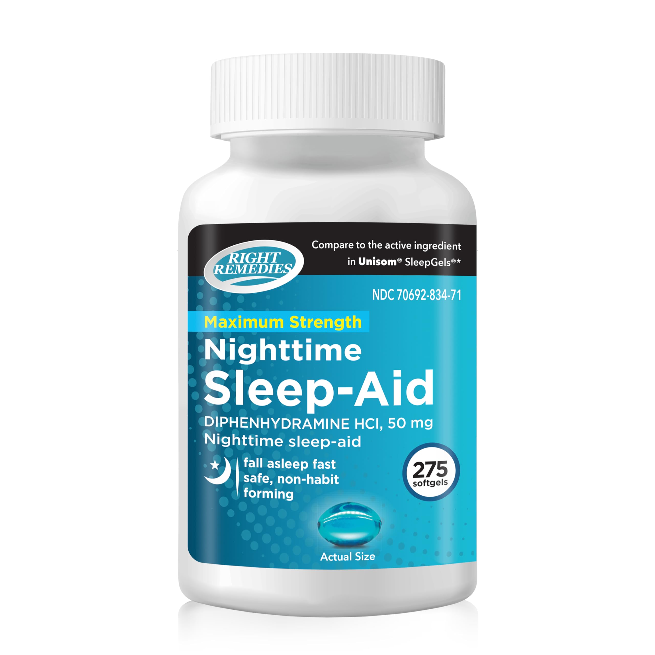 RIGHT REMEDIES cápsulas blandas para dormir, botella lista para uso nocturno.