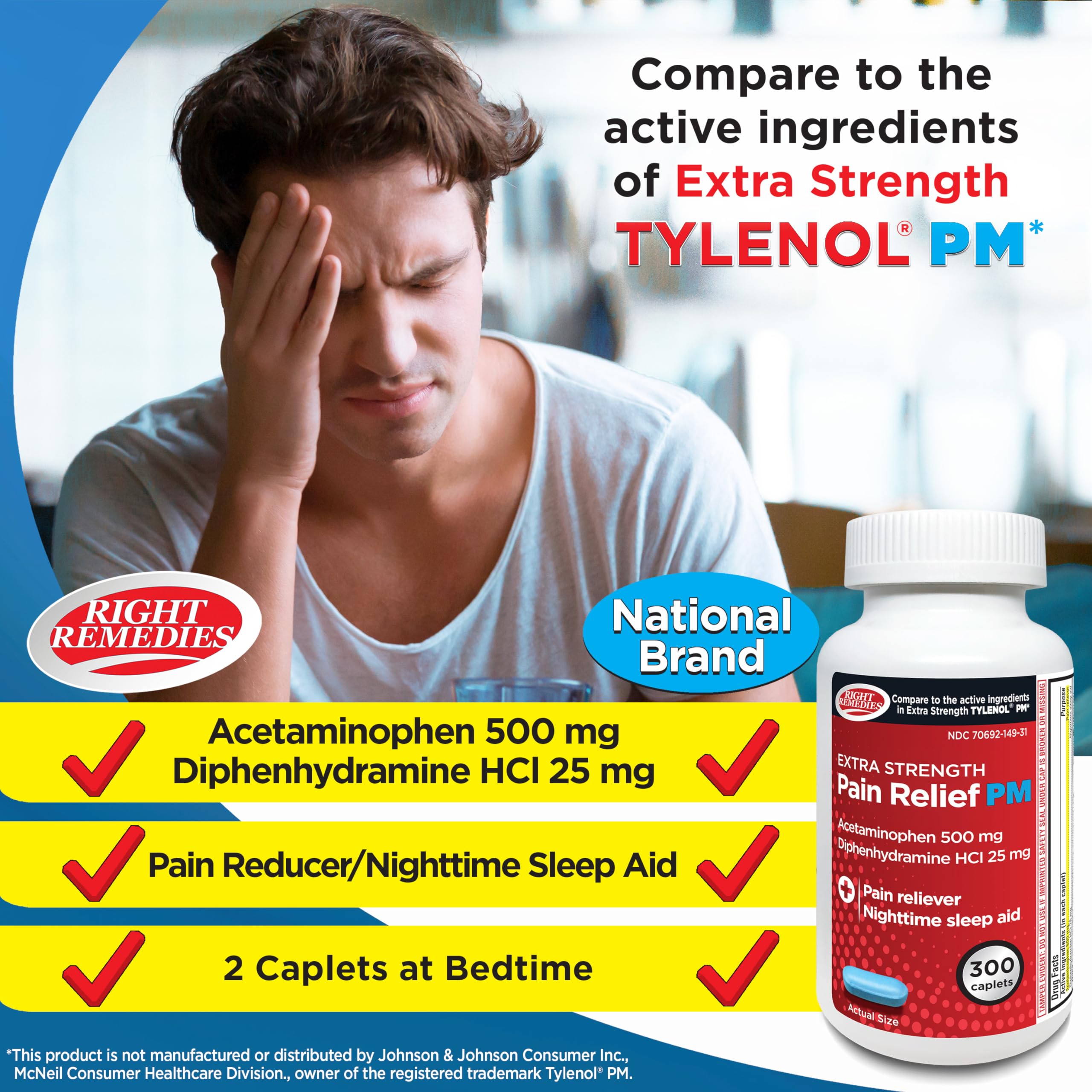 Right Remedies PM caplets en empaque resaltando conveniencia nocturna