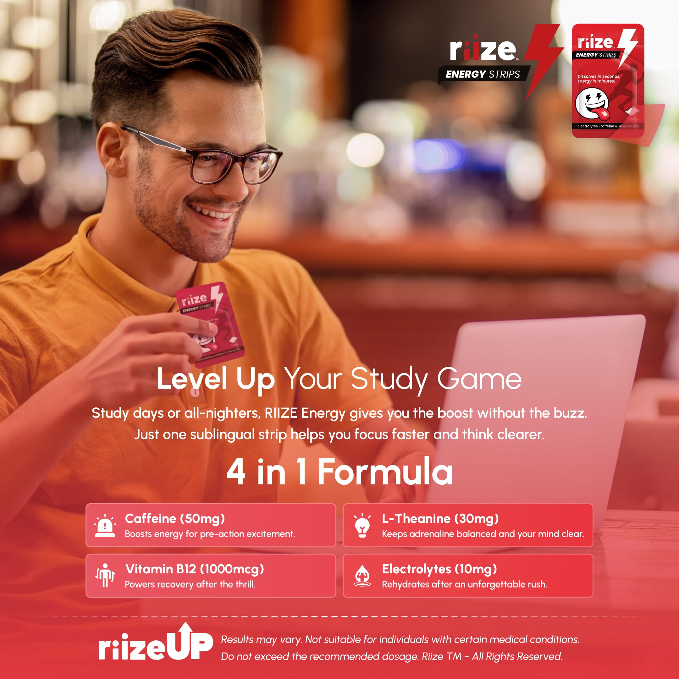 Riize Tiras Energéticas: disolución rápida sin necesidad de agua para uso inmediato.