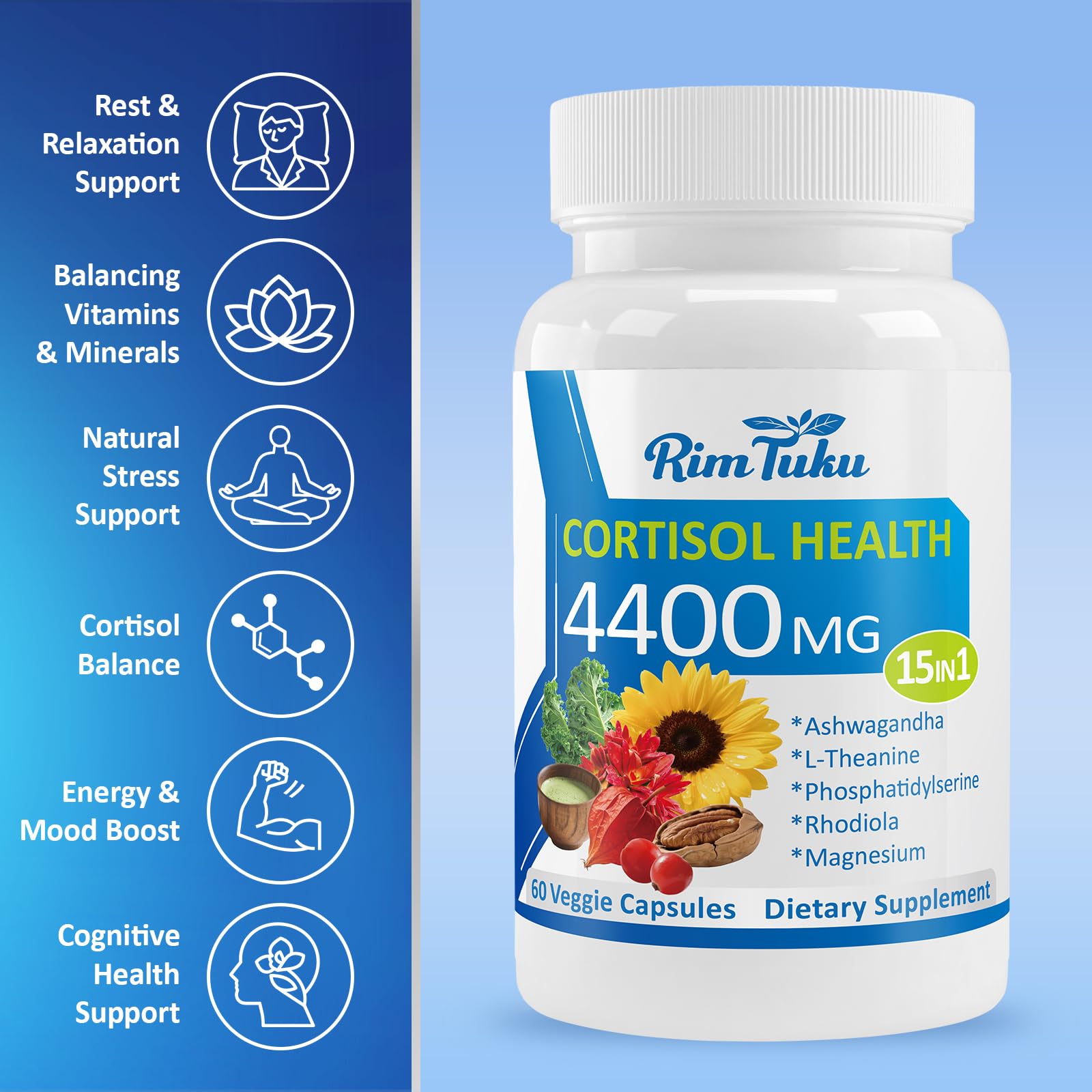 RimTuku cápsulas ashwagandha 220mg, envase visible, apoyo potencial al manejo del estrés
