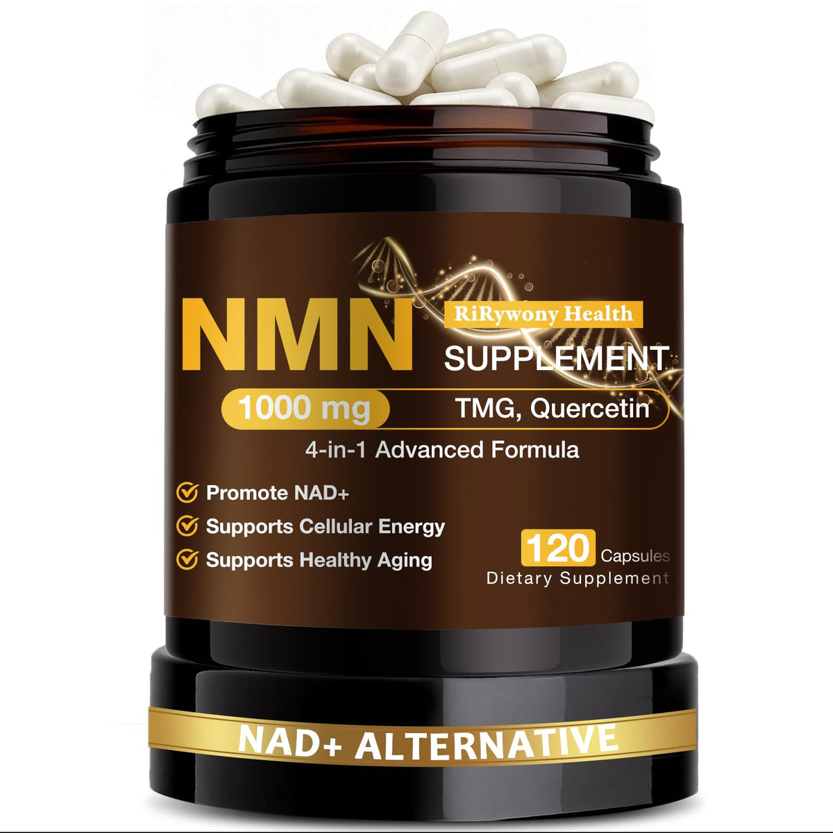RiRywony Health NMN 1000mg botella: enfoque en envase para energía diaria.