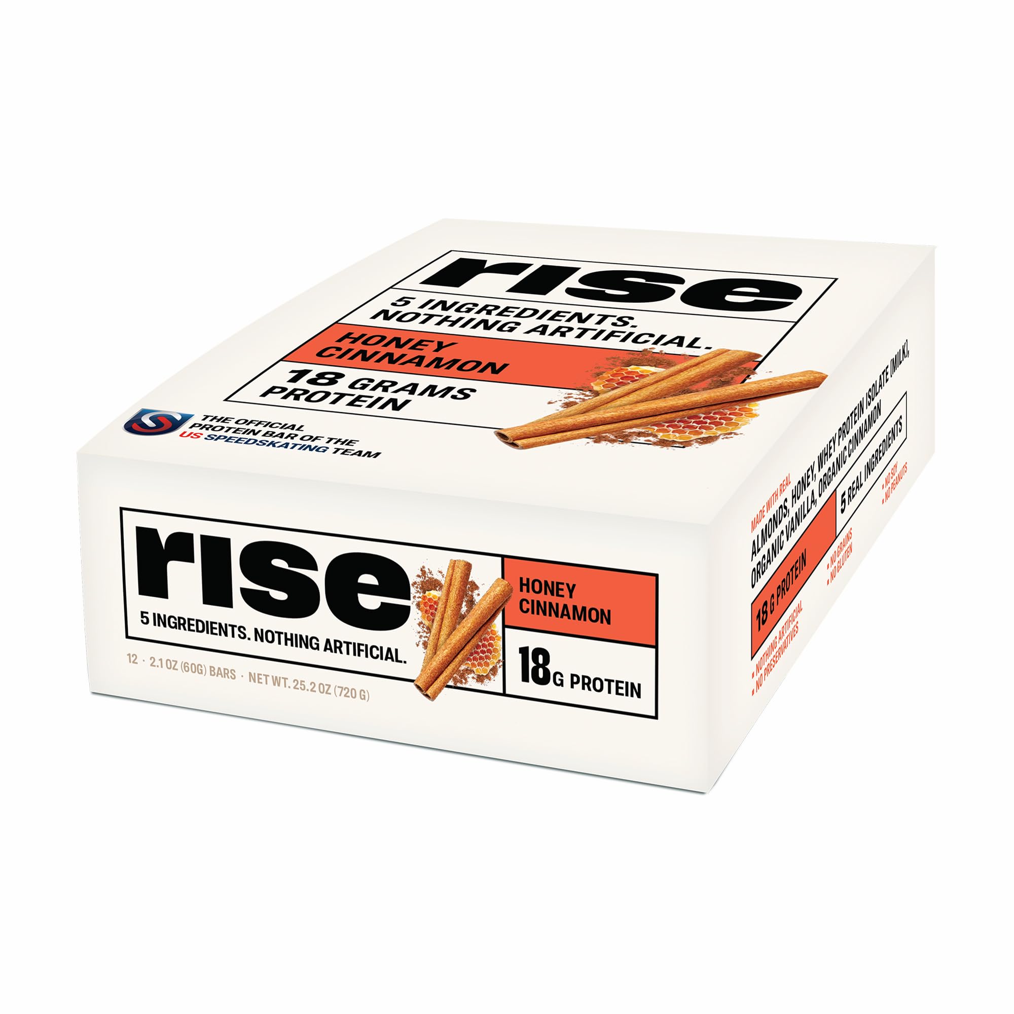 Barra Rise de proteína de suero miel canela, empaque práctico para llevar.
