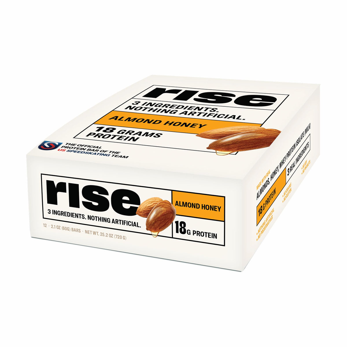 Barras Rise de proteína whey con almendra y miel, snack rápido para energía sostenida.
