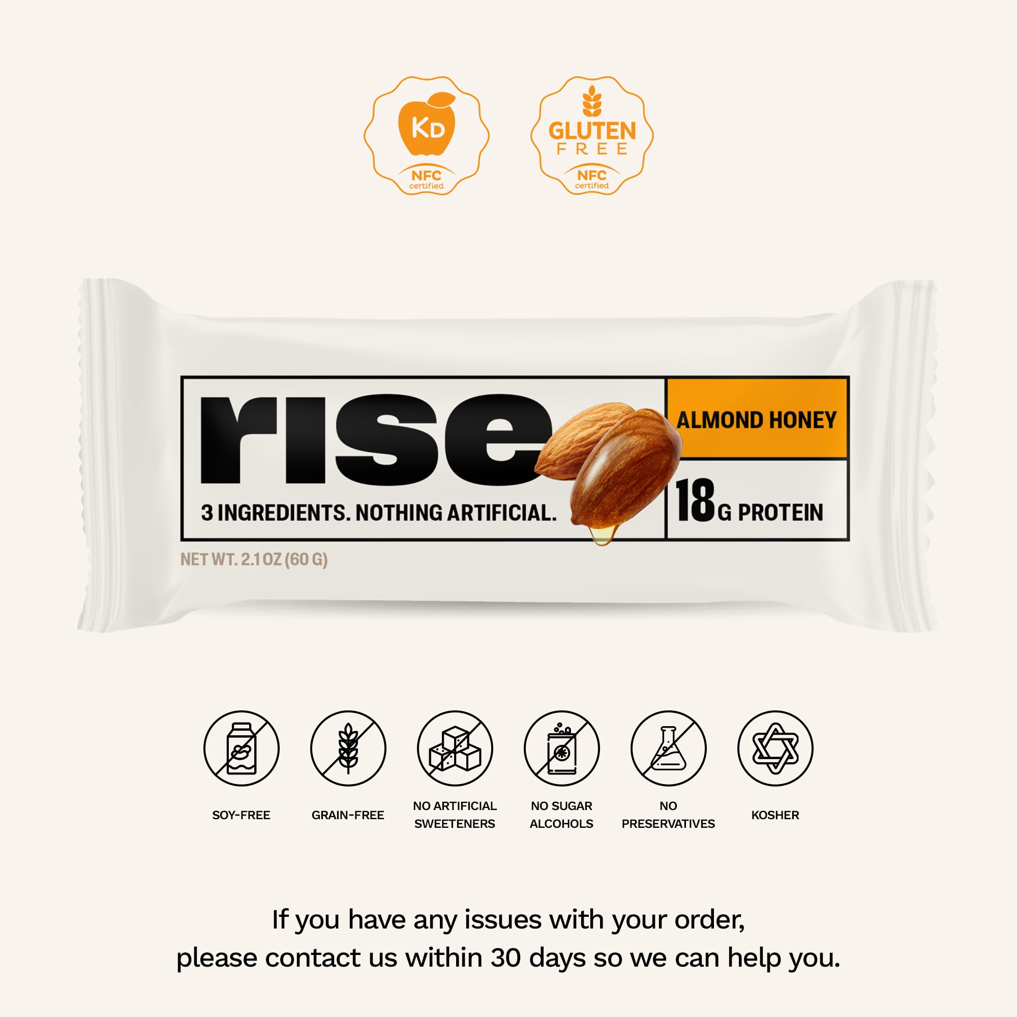 Rise barra proteica cremosa con sabor a almendra y miel para antes o después del entrenamiento.