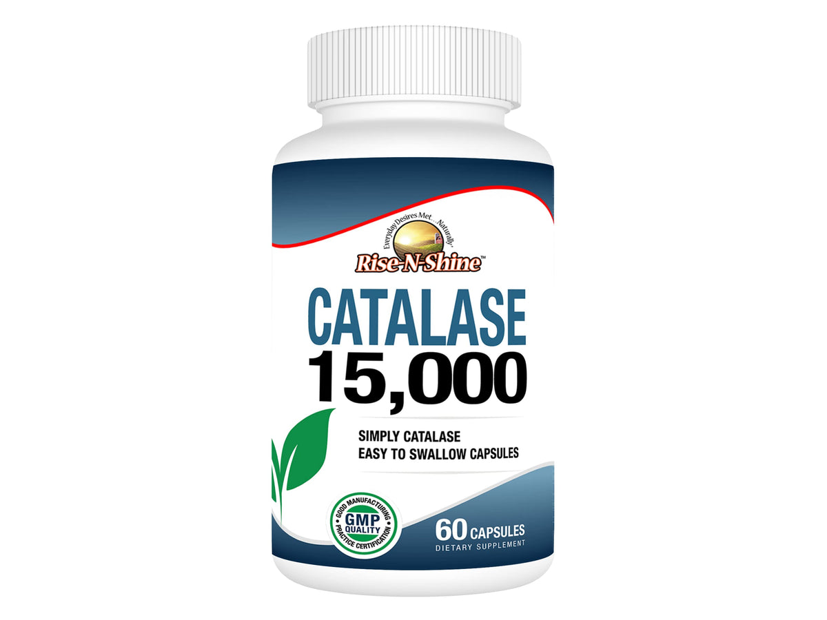 Rise-N-Shine Catalase 15,000 en botella para uso diario y bienestar.