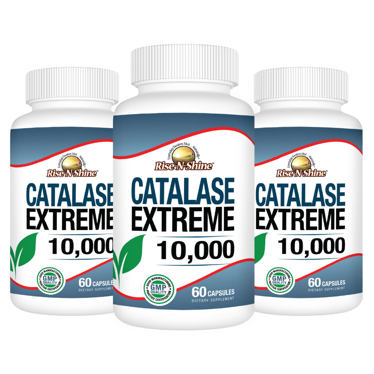 Rise-N-Shine Catalase Extreme: botella de cápsulas para apoyar la vitalidad y brillo del cabello.