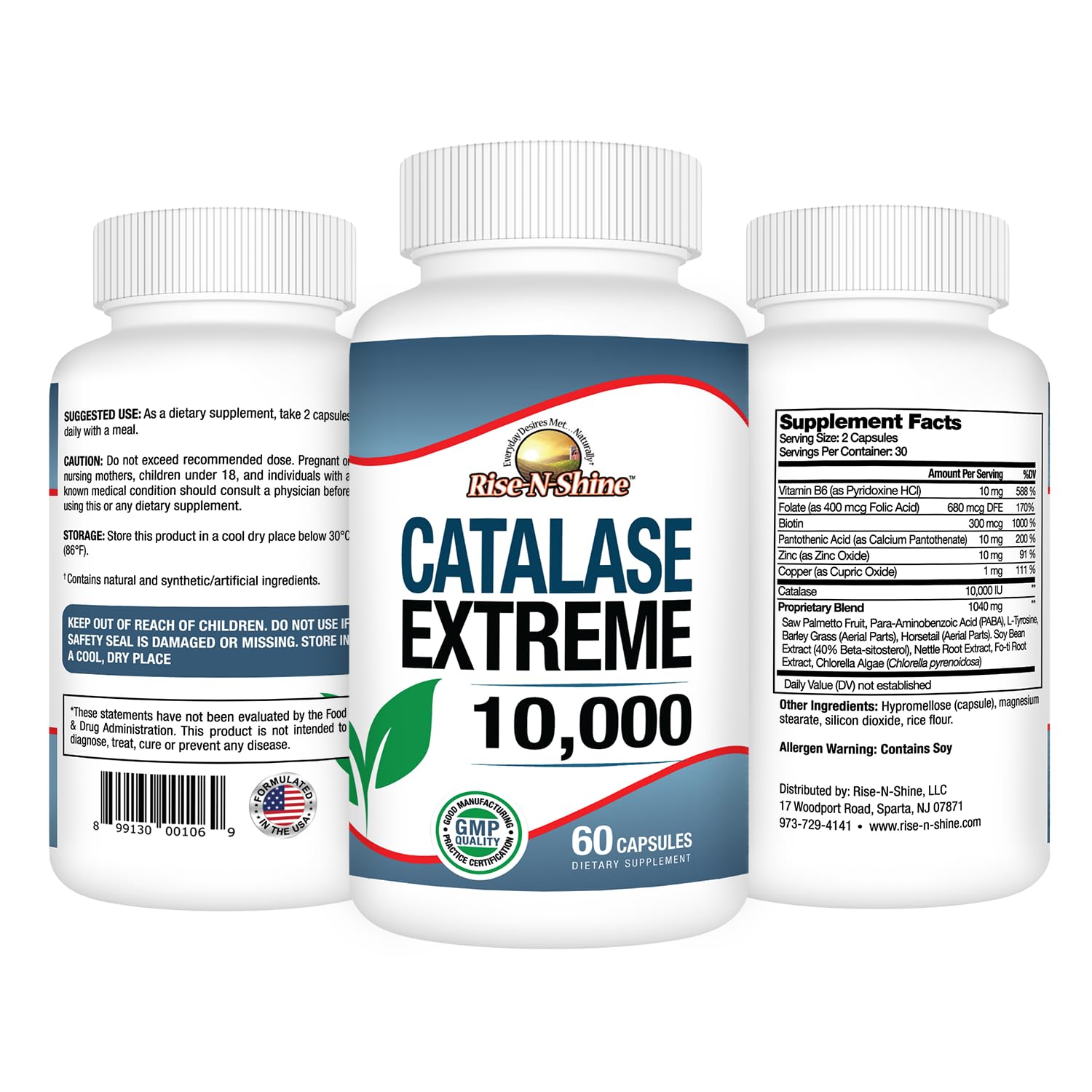 Rise-N-Shine Catalase Extremo etiqueta clara: muestra ingredientes clave para el cuidado capilar.