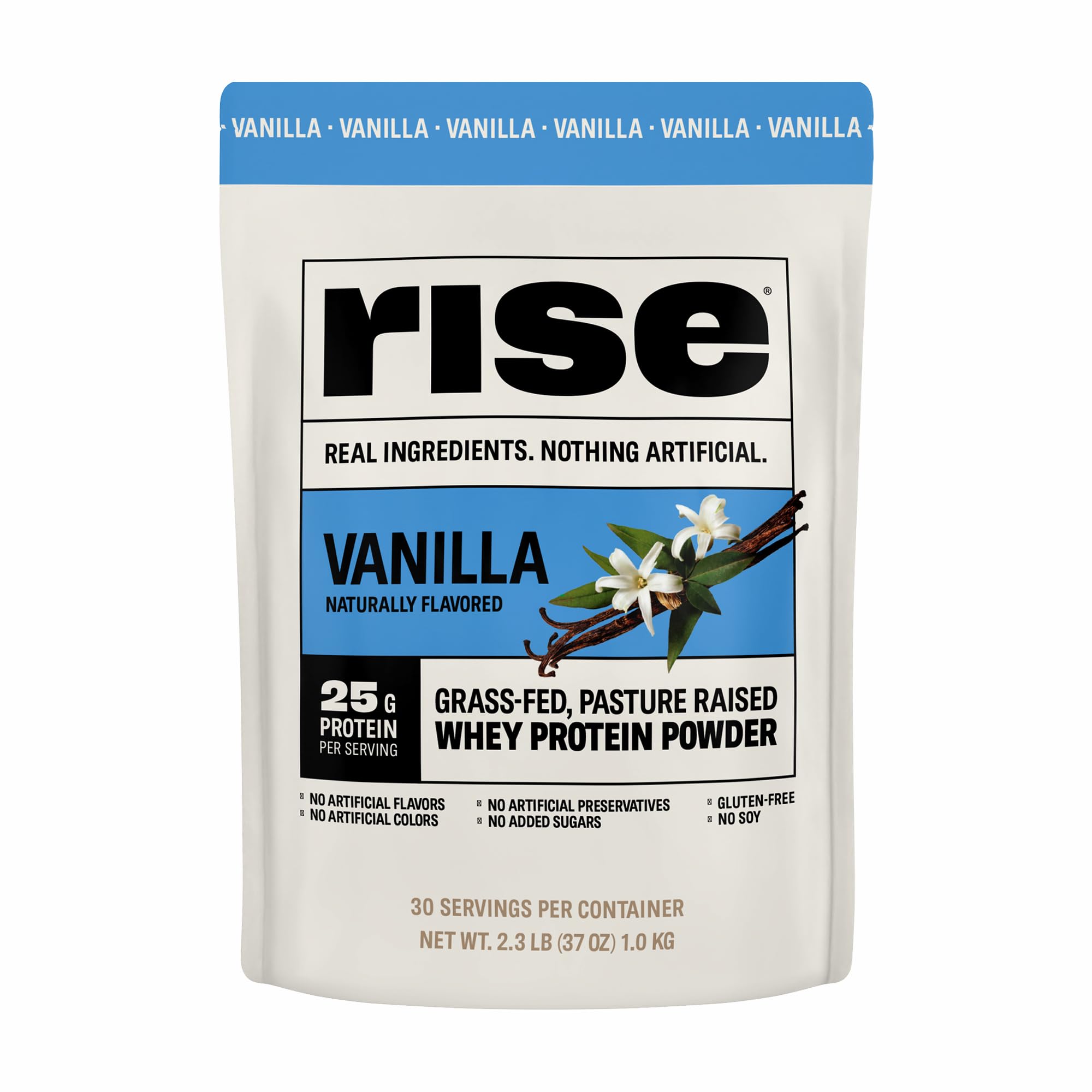 Rise Whey vainilla envase, práctico para batidos rápidos tras entreno.
