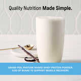 Rise Whey vainilla, etiqueta clara con información nutricional clave.