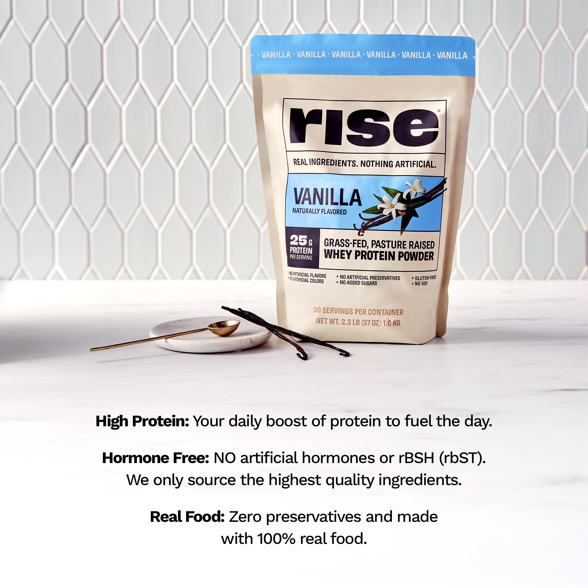 Rise Whey vainilla, preparación rápida para un impulso de proteína diario.