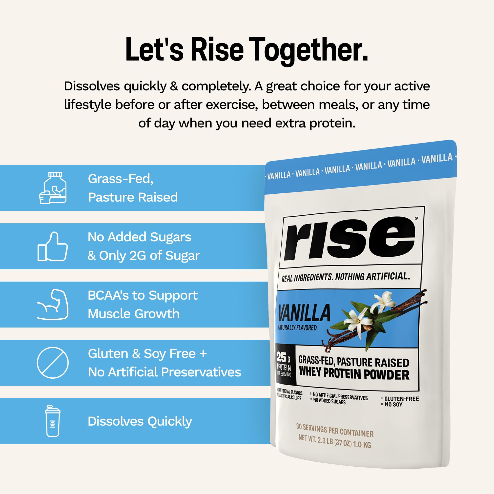 Rise Whey vainilla, sin azúcar añadido para dietas flexibles.