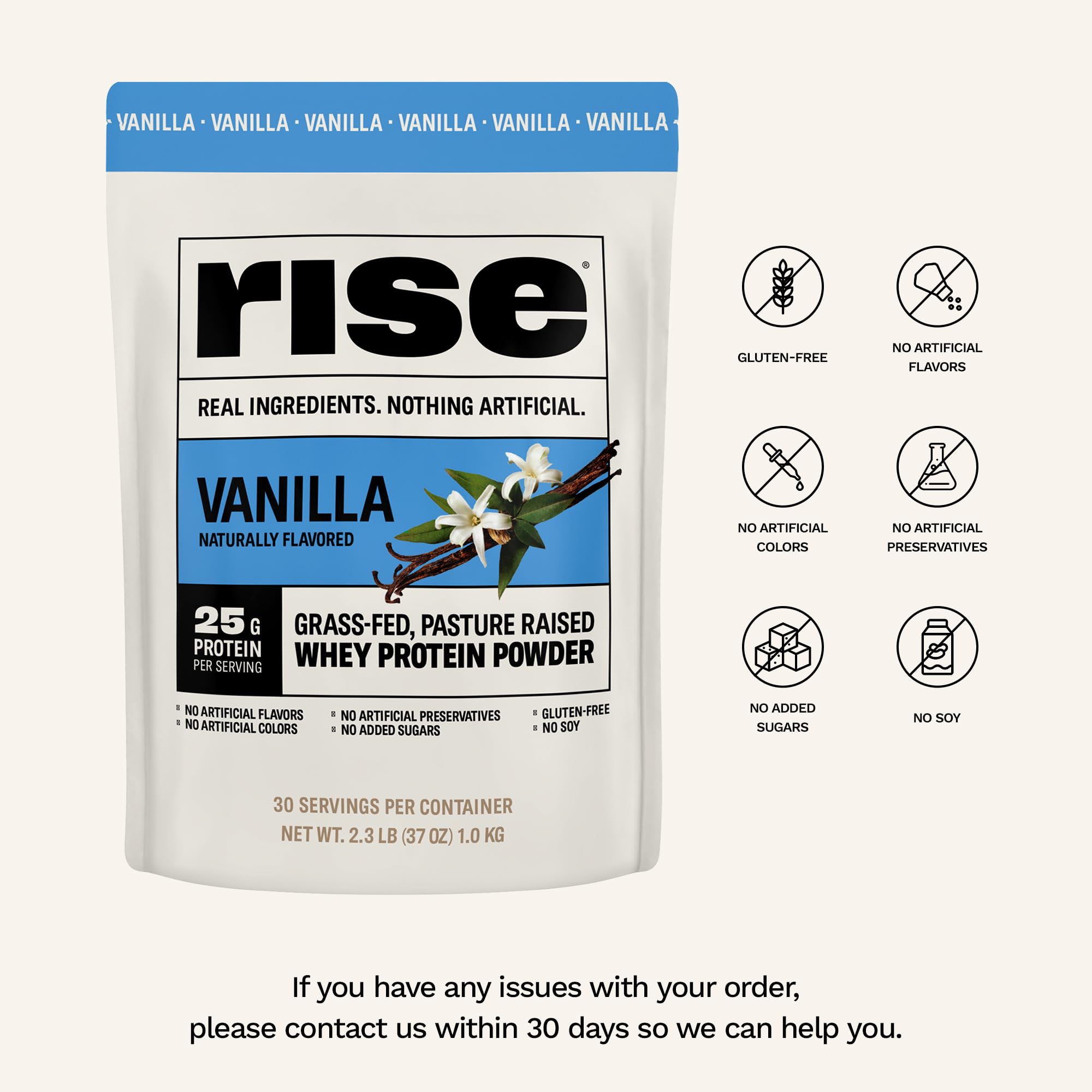 Rise Whey vainilla en taza de proteína, ideal para recuperación posentrenamiento.
