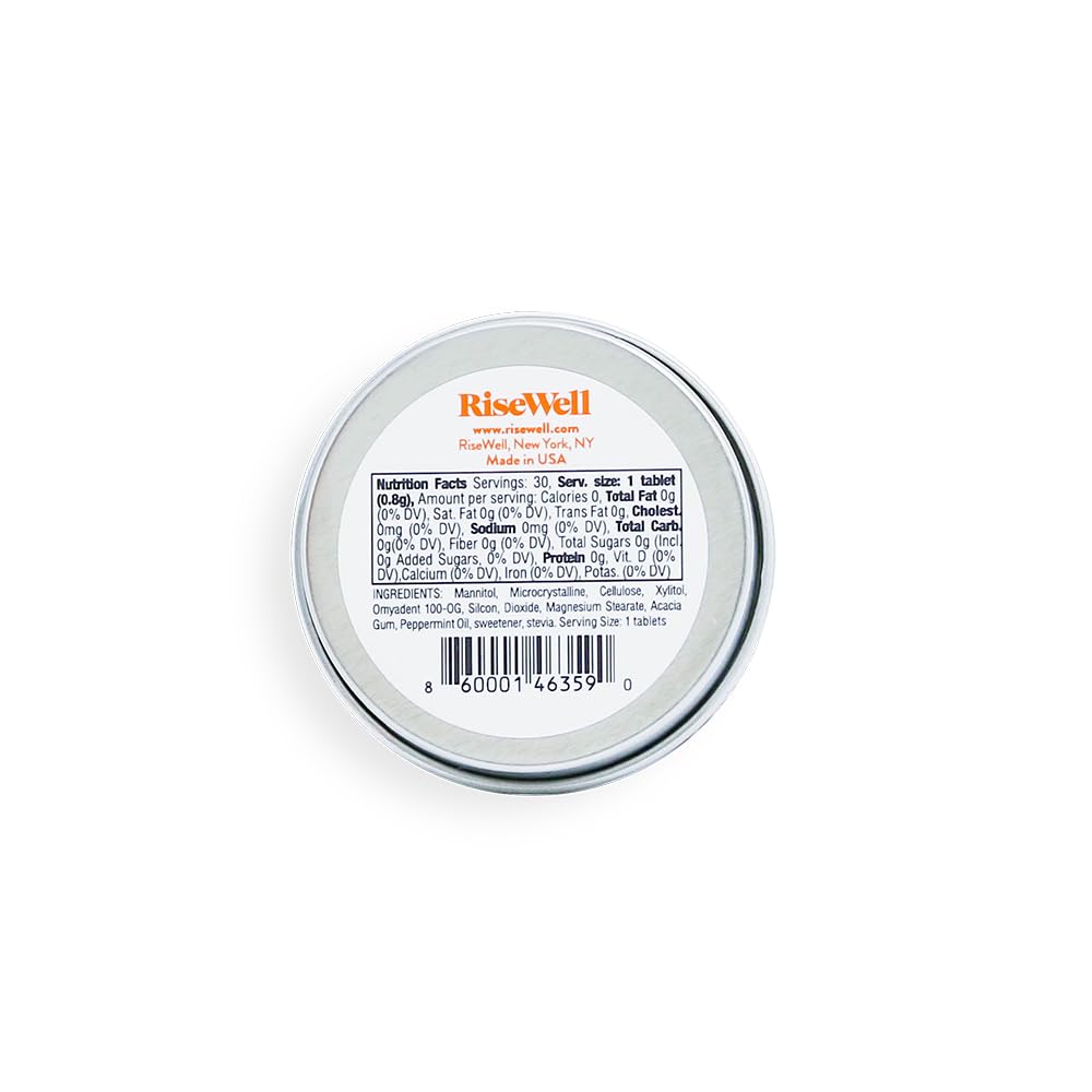 RiseWell a-HA Mint: empaque trasero ilustra ingredientes y beneficios para la sequedad bucal.