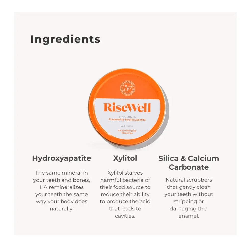 RiseWell a-HA Mint: menta individual resalta sabor refrescante y uso diario para alivio ocasional.