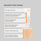RiseWell empaque de pasta dental mineral para viaje, diseño compacto y seguro para aeropuertos.