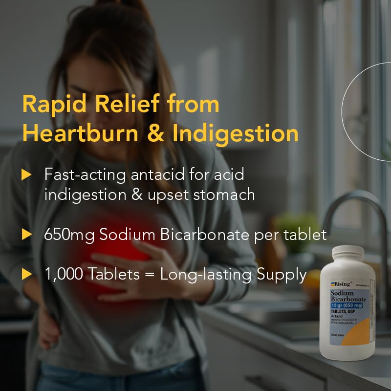 Rising Bicarbonato de sodio 650 mg: antácido práctico para malestar estomacal.