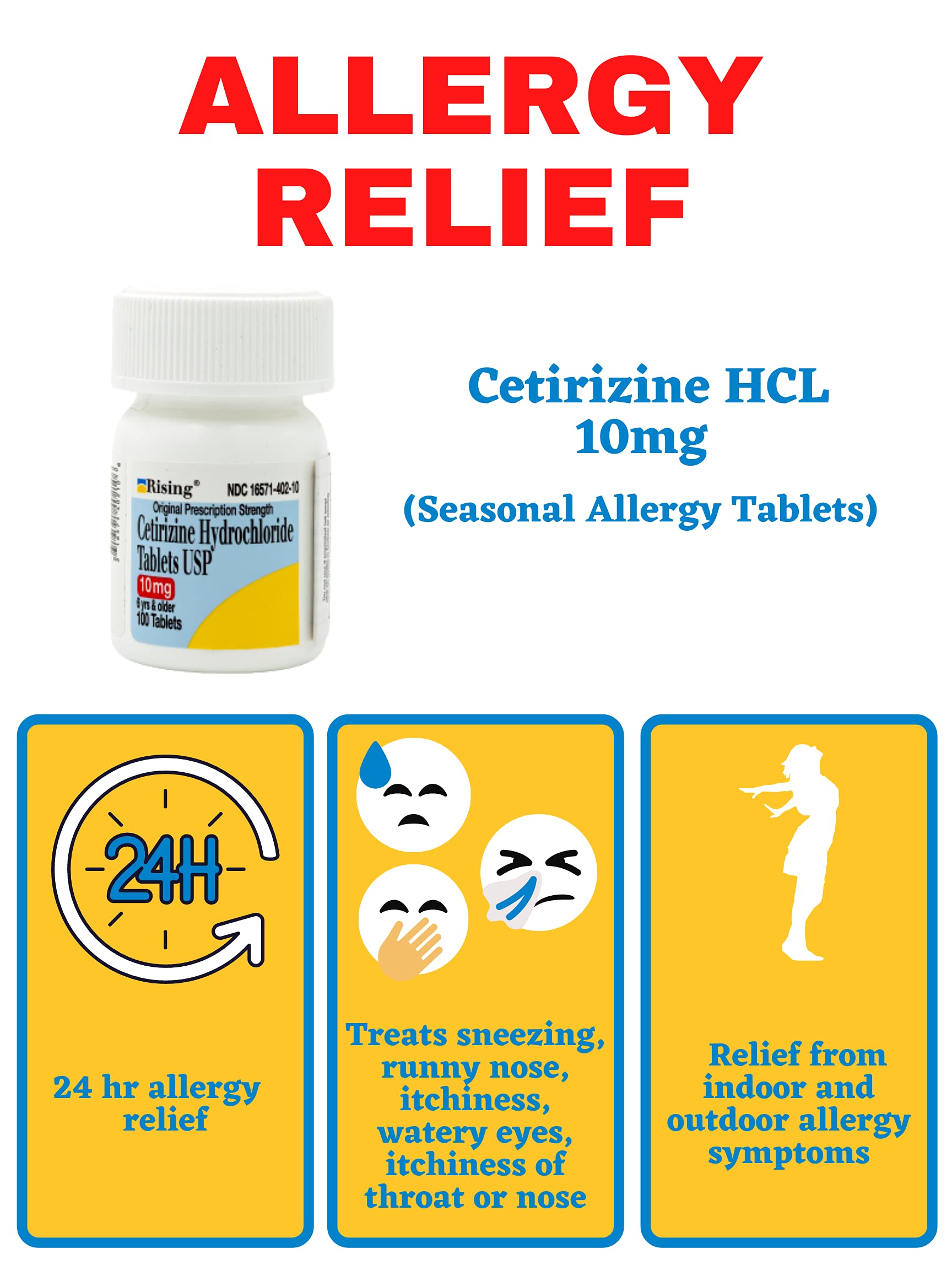 Tabletas Rising Cetirizina HCL 10 mg con sabor neutro para uso diario.