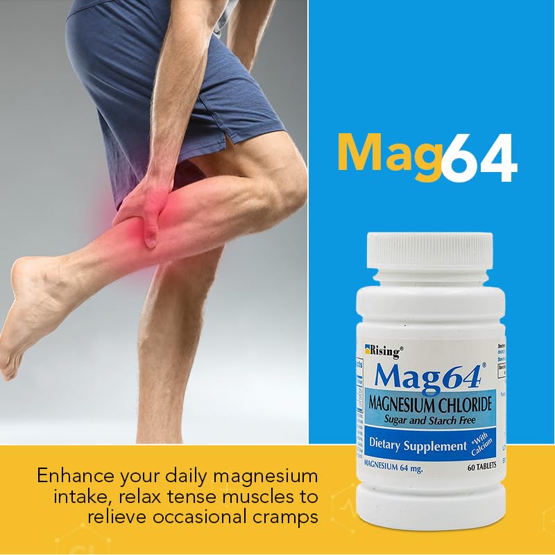Rising Mag64: etiqueta destacando cloruro de magnesio y calcio para la salud general.