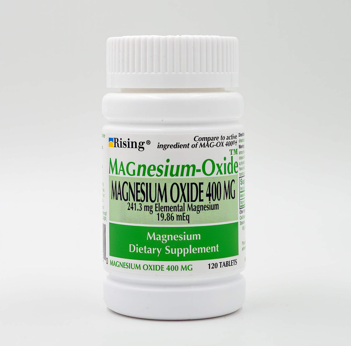 Rising Oxido de Magnesio 400 mg, botella, apoyo a la función muscular normal.