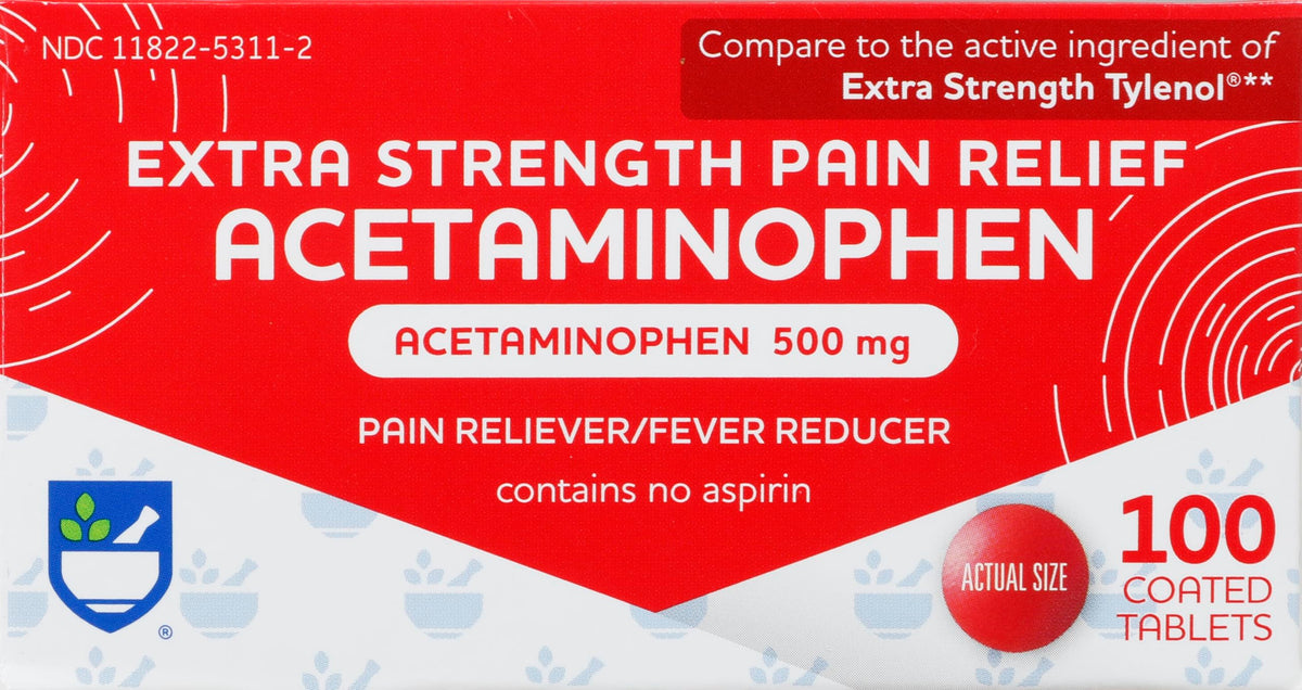 Rite Aid acetaminofen 500 mg tabletas para ingestión fácil, bote frente, alivio del dolor.