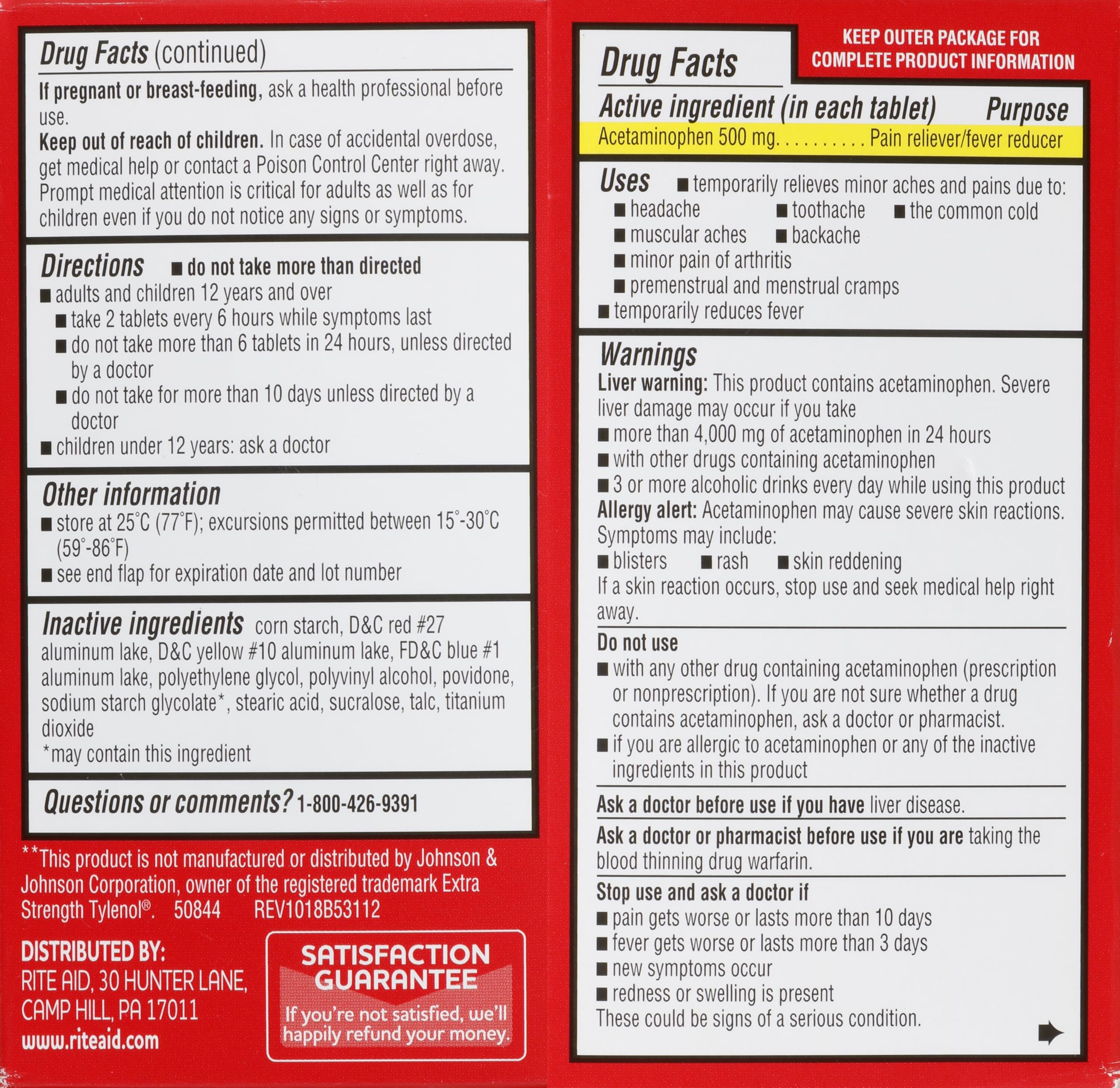 Rite Aid acetaminofen 500 mg tabletas para ingestión fácil, bote vertido, alivio de fiebre y dolor.