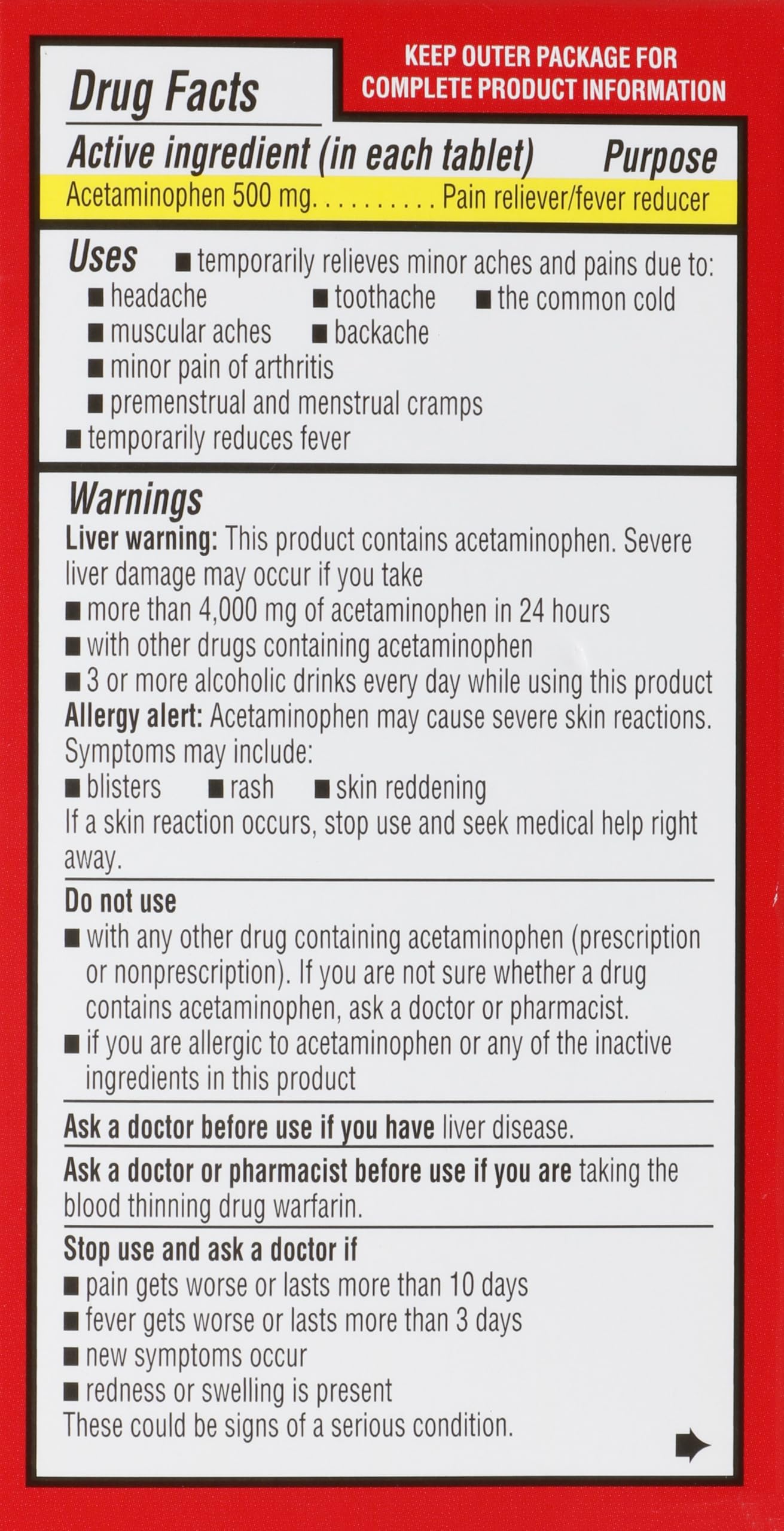 Rite Aid acetaminofen 500 mg tabletas para ingestión fácil, empaque-caja, solución rápida para malestar.