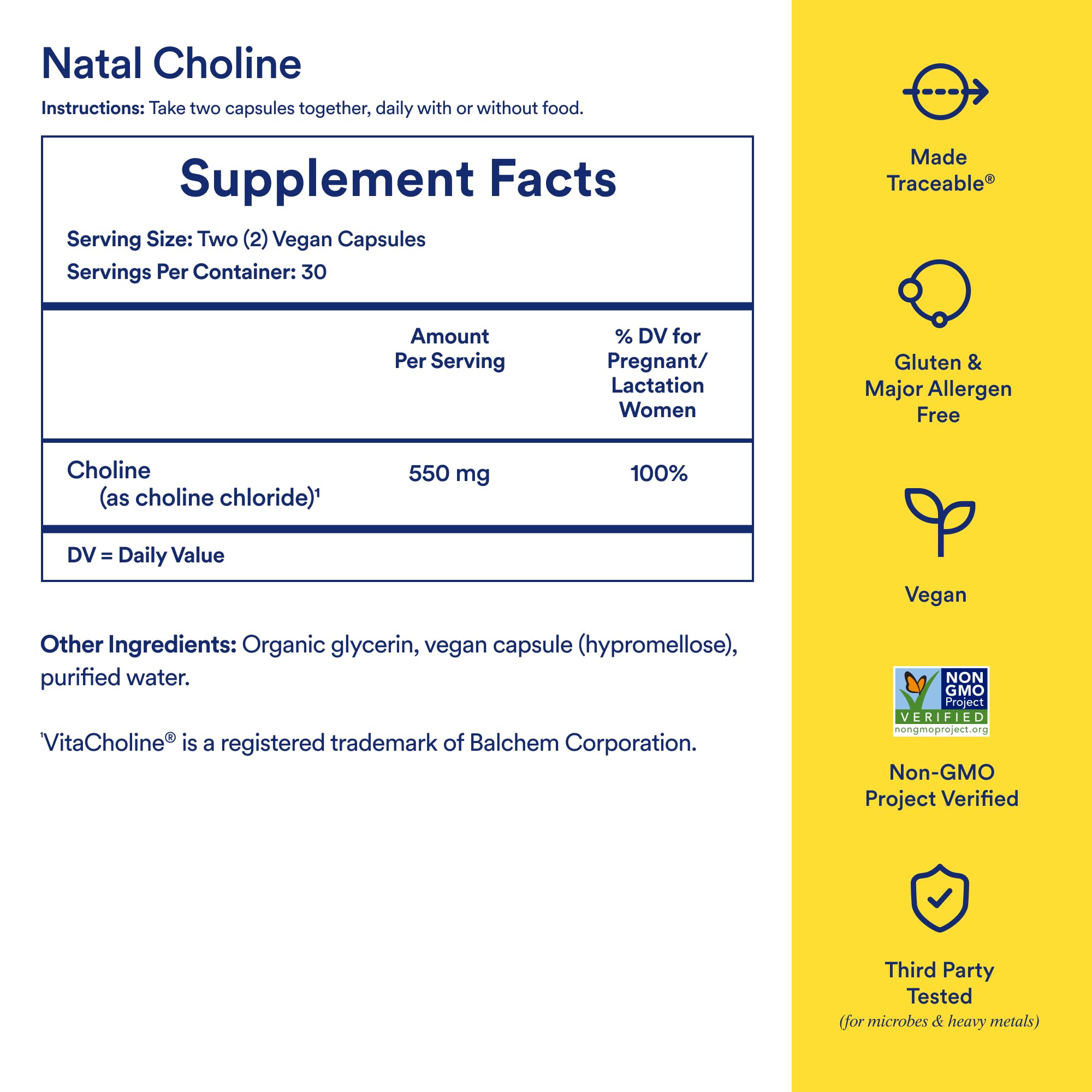 Ritual Natal Colina: etiqueta de ingredientes clave para verificar la forma de cloruro de colina.