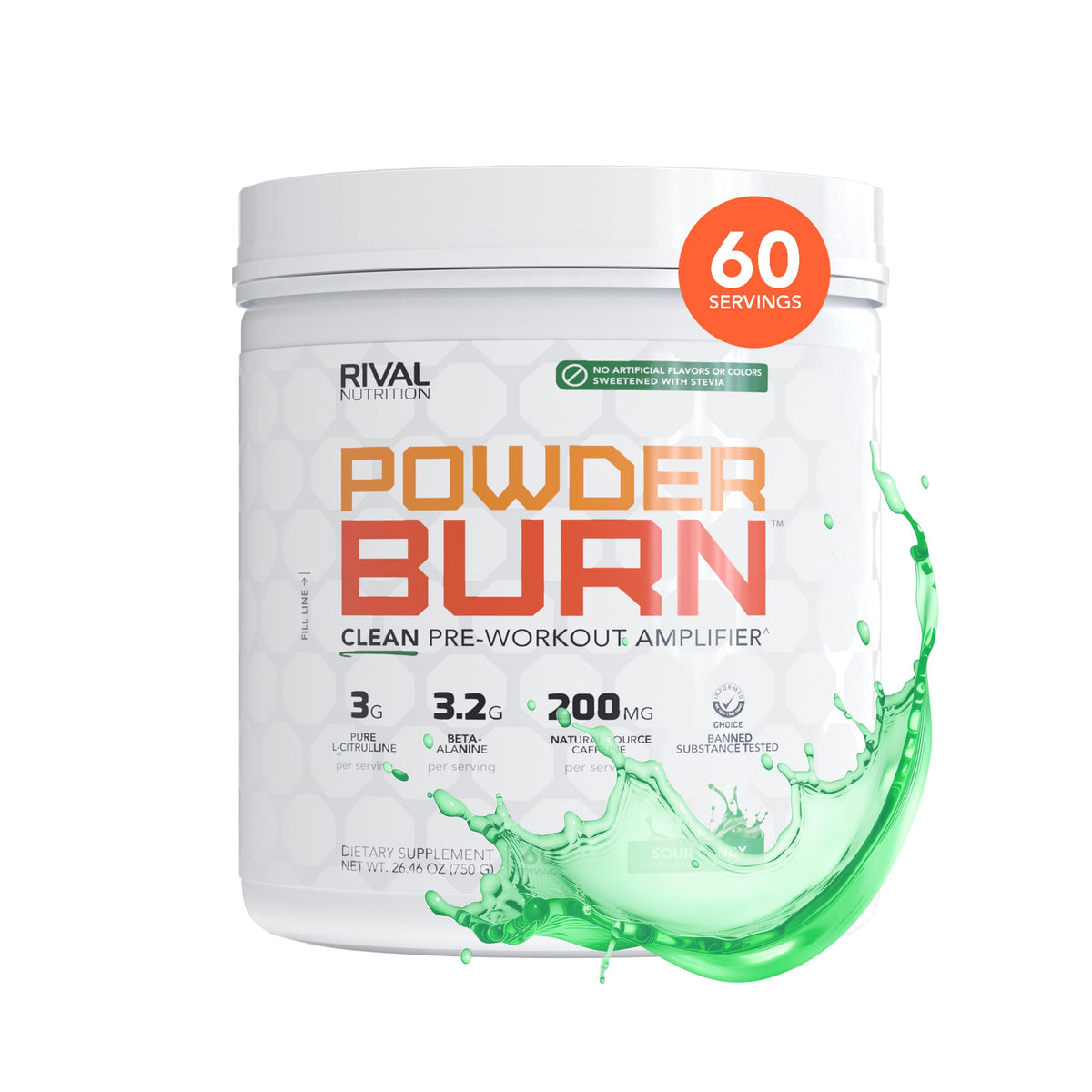 RIVAL NUTRITION Powder Burn pre-entrenamiento Sour Candy, energía limpia para entrenos intensos.