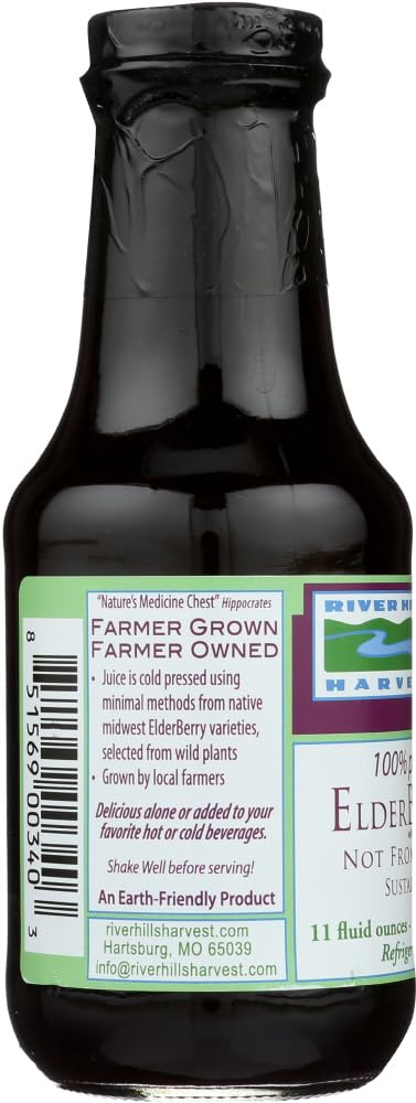 Etiqueta de River Hills Harvest Jugo de Sauco visible en el envase.
