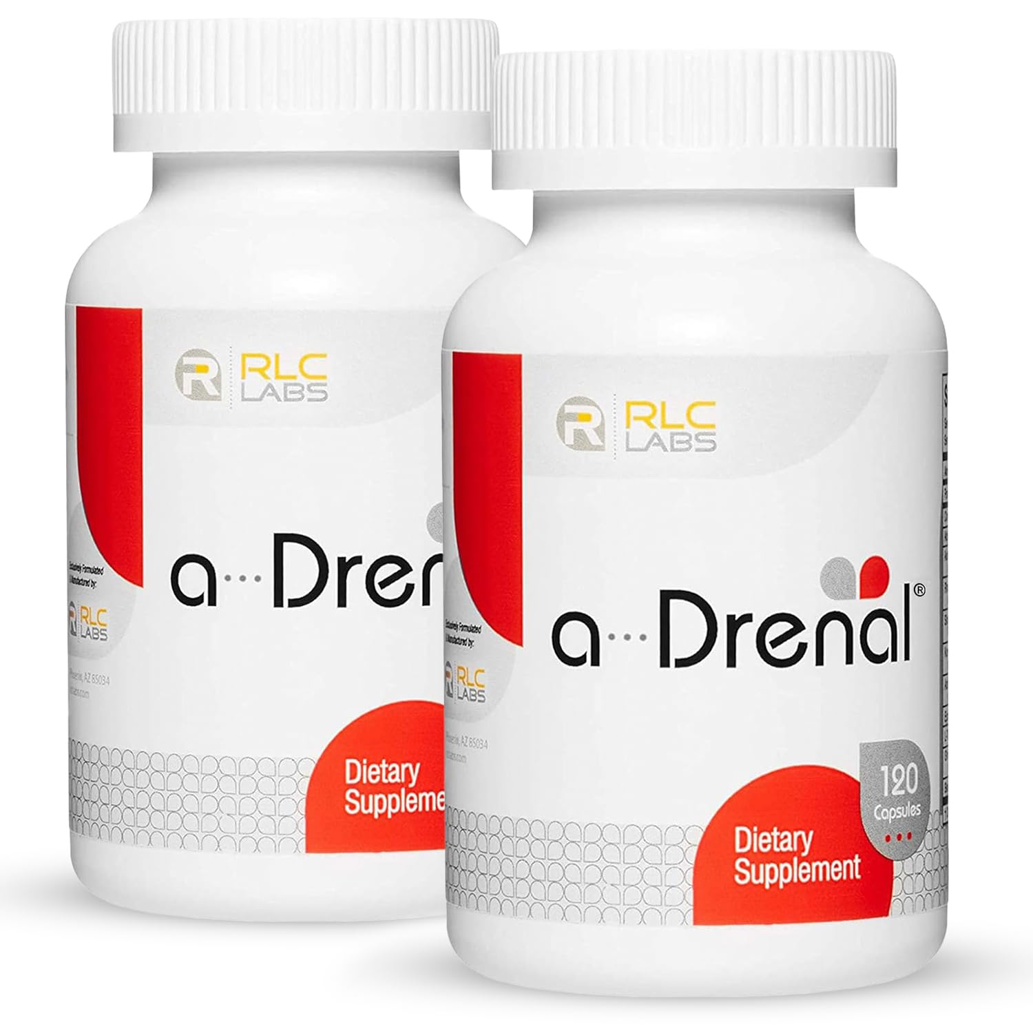 RLC Labs a-Drenal: cápsulas en bote frontal para equilibrio diario y energía.