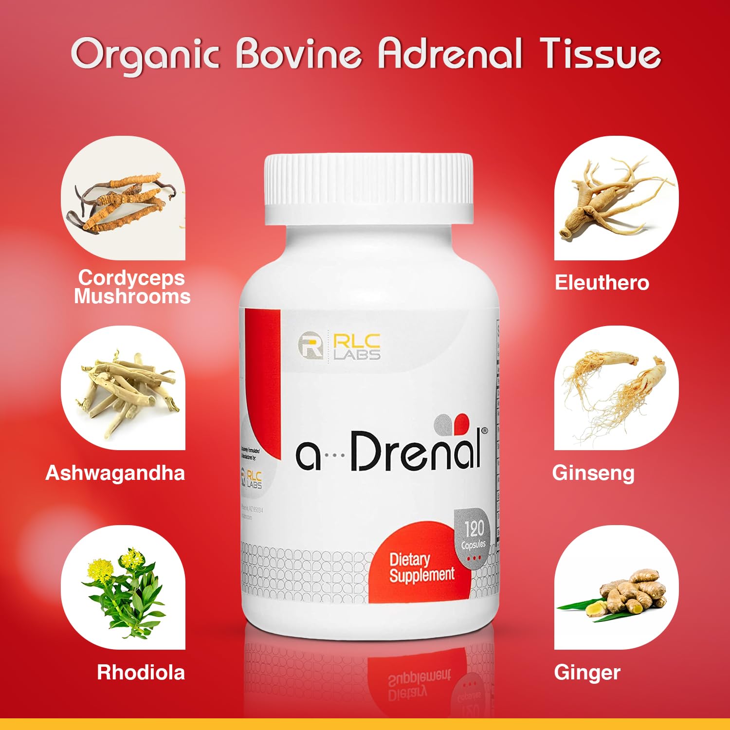 RLC Labs a-Drenal: etiqueta visible destacando ashwagandha y rhodiola para bienestar.