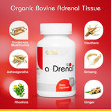 RLC Labs a-Drenal: etiqueta visible destacando ashwagandha y rhodiola para bienestar.