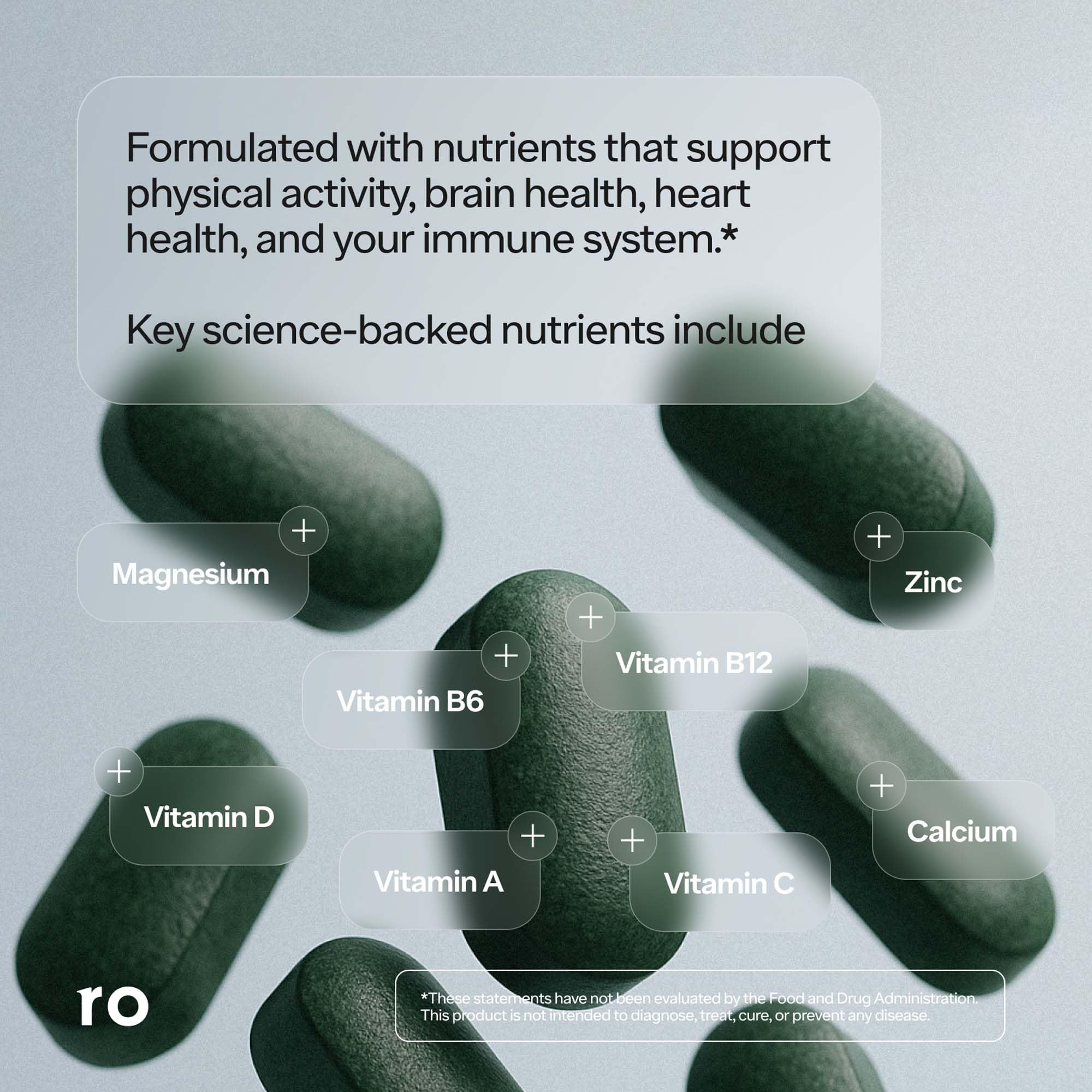 Ro Daily Multivitamin para Hombres, etiqueta frontal, fórmula con vitaminas y minerales esenciales.