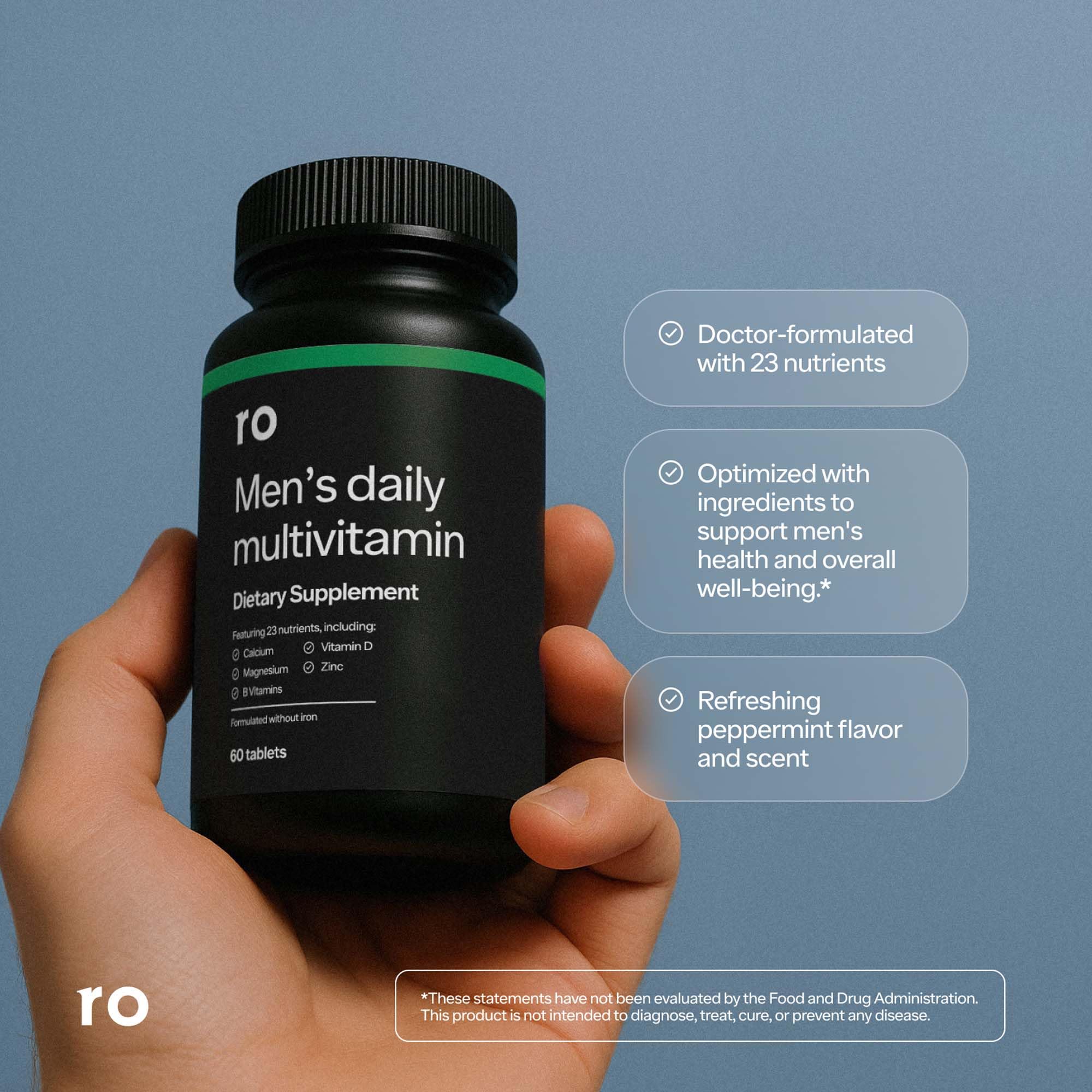 Ro Daily Multivitamin para Hombres, tabletas en primer plano, acceso a 23 nutrientes.