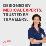 Roamwell kit con contenido esencial para molestias de viaje, lista para emergencias menores.