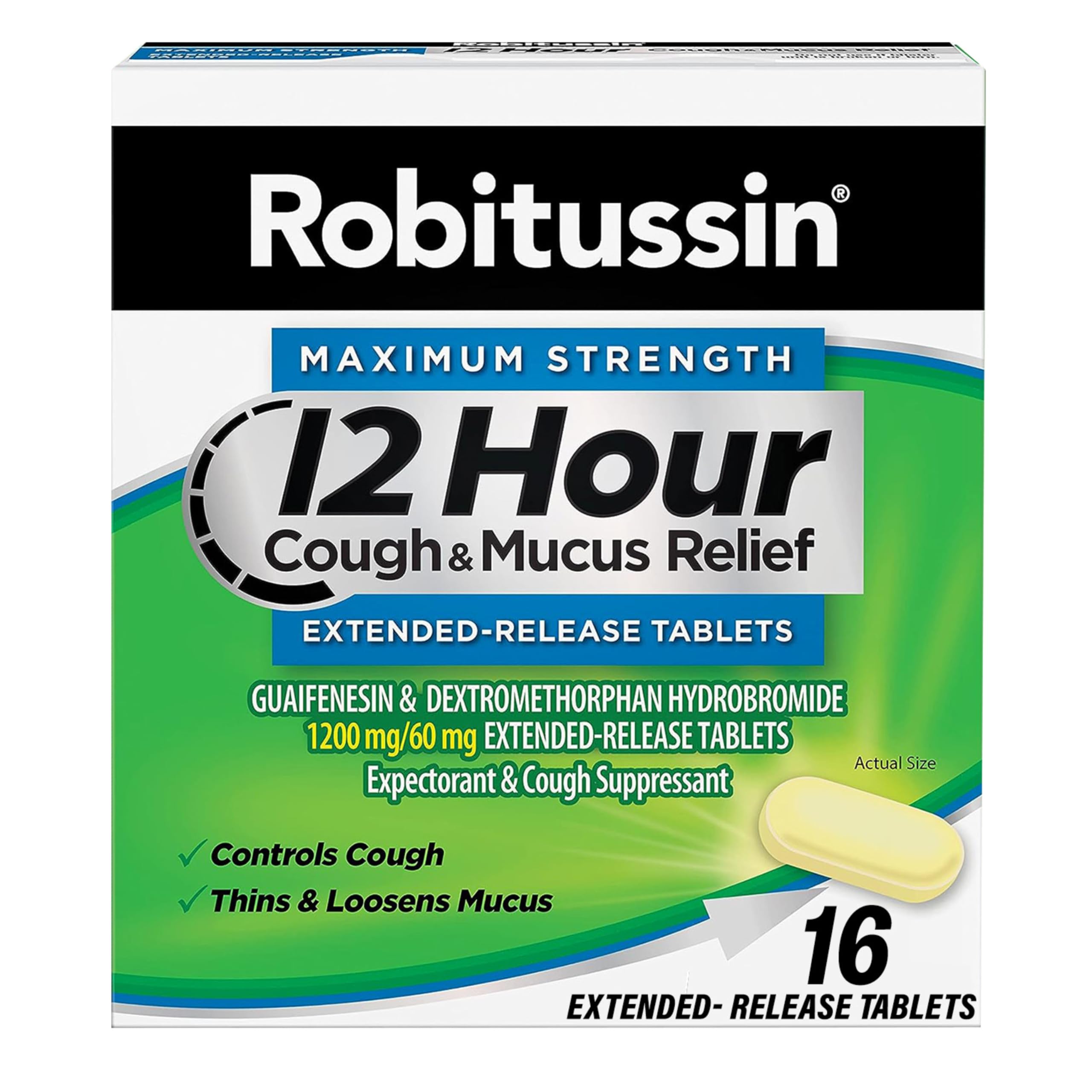 Robitussin Fuerza Máxima 12h en empaque: alivio prolongado de tos y moco.