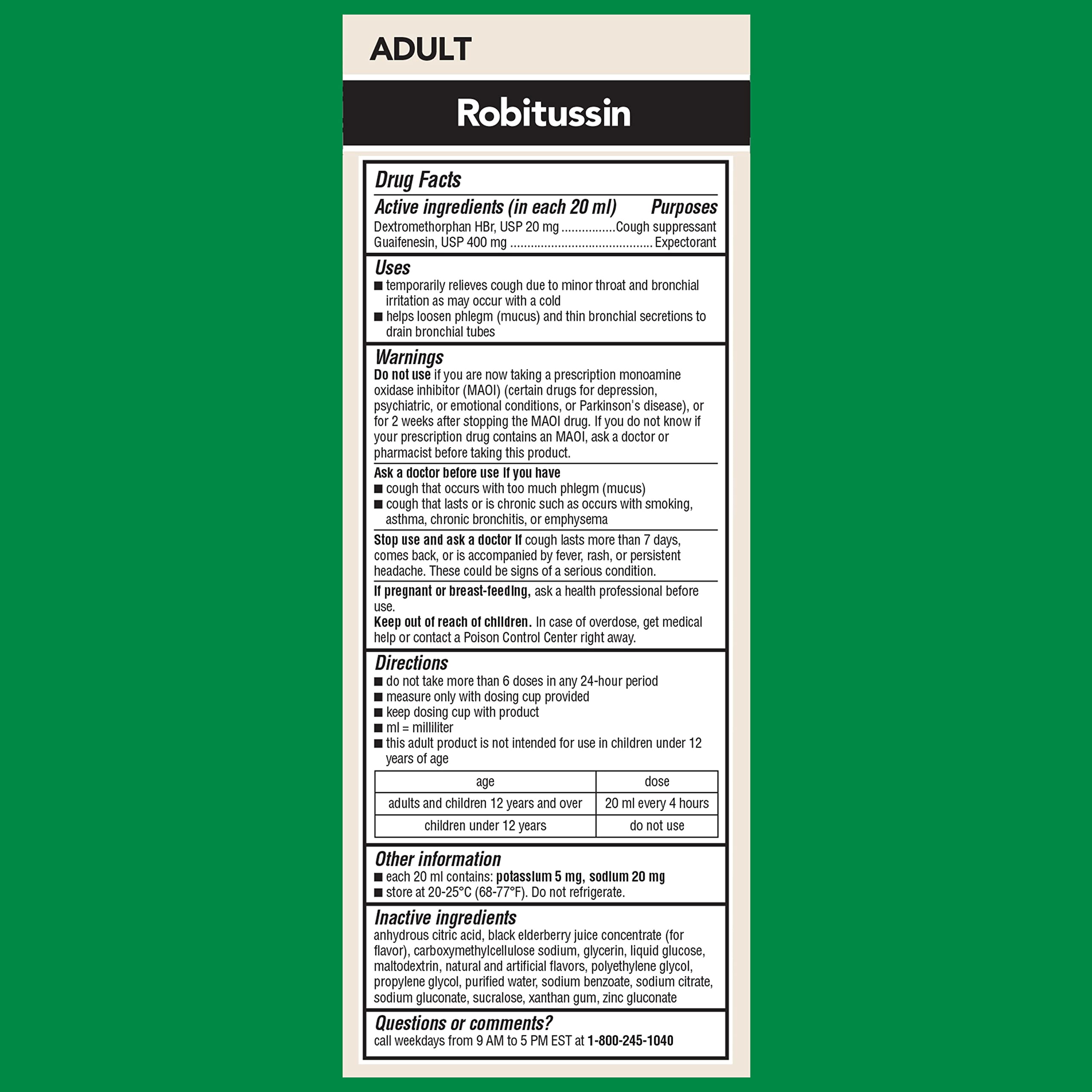 Frasco de Robitussin Sauco, presentación de 4 oz para adultos.