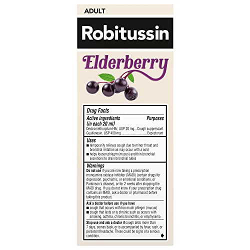 Instrucciones de Robitussin Sauco en etiqueta para ingredientes y dosis.