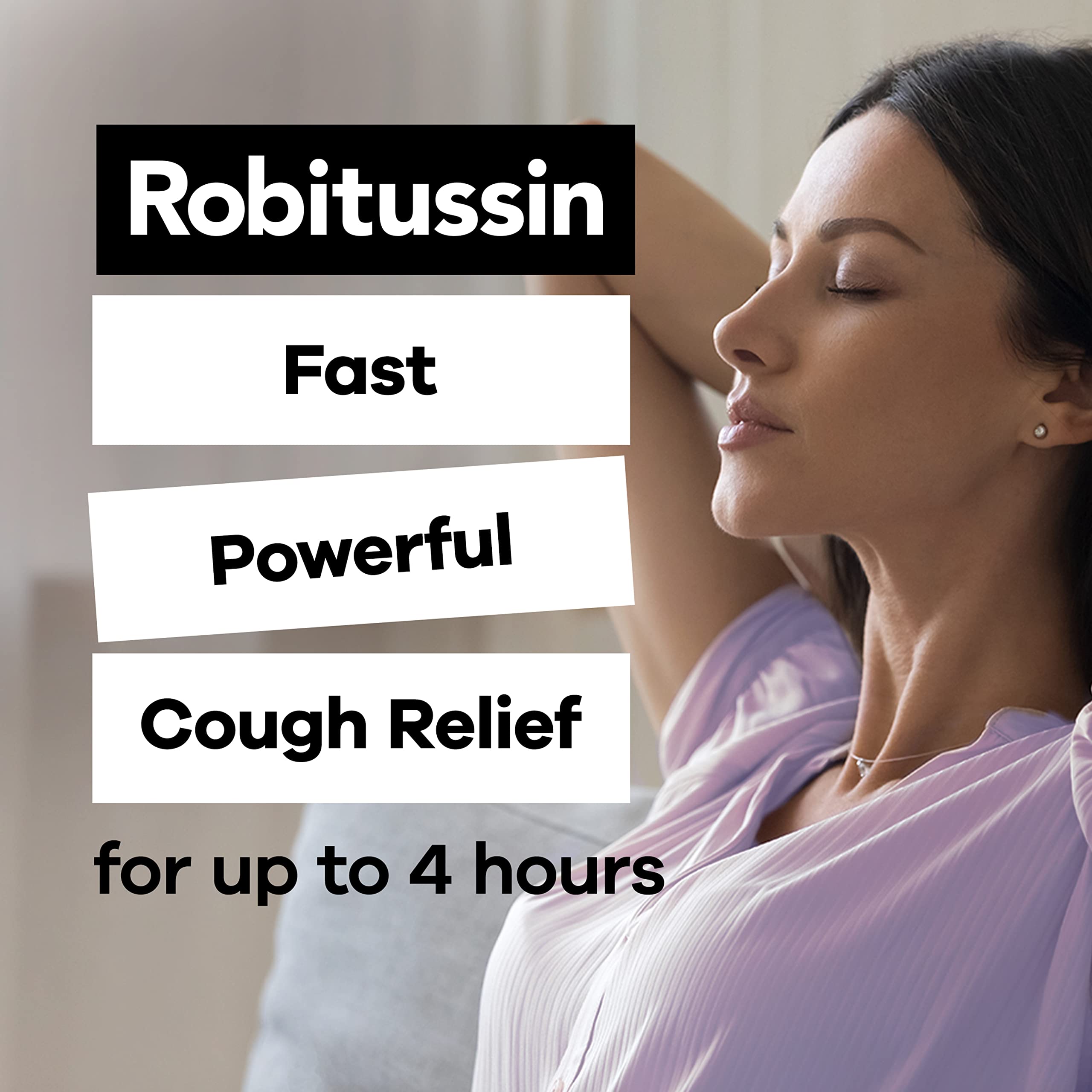 Imagen de Robitussin Sauco, líquido para tos en adultos, uso aplicado.
