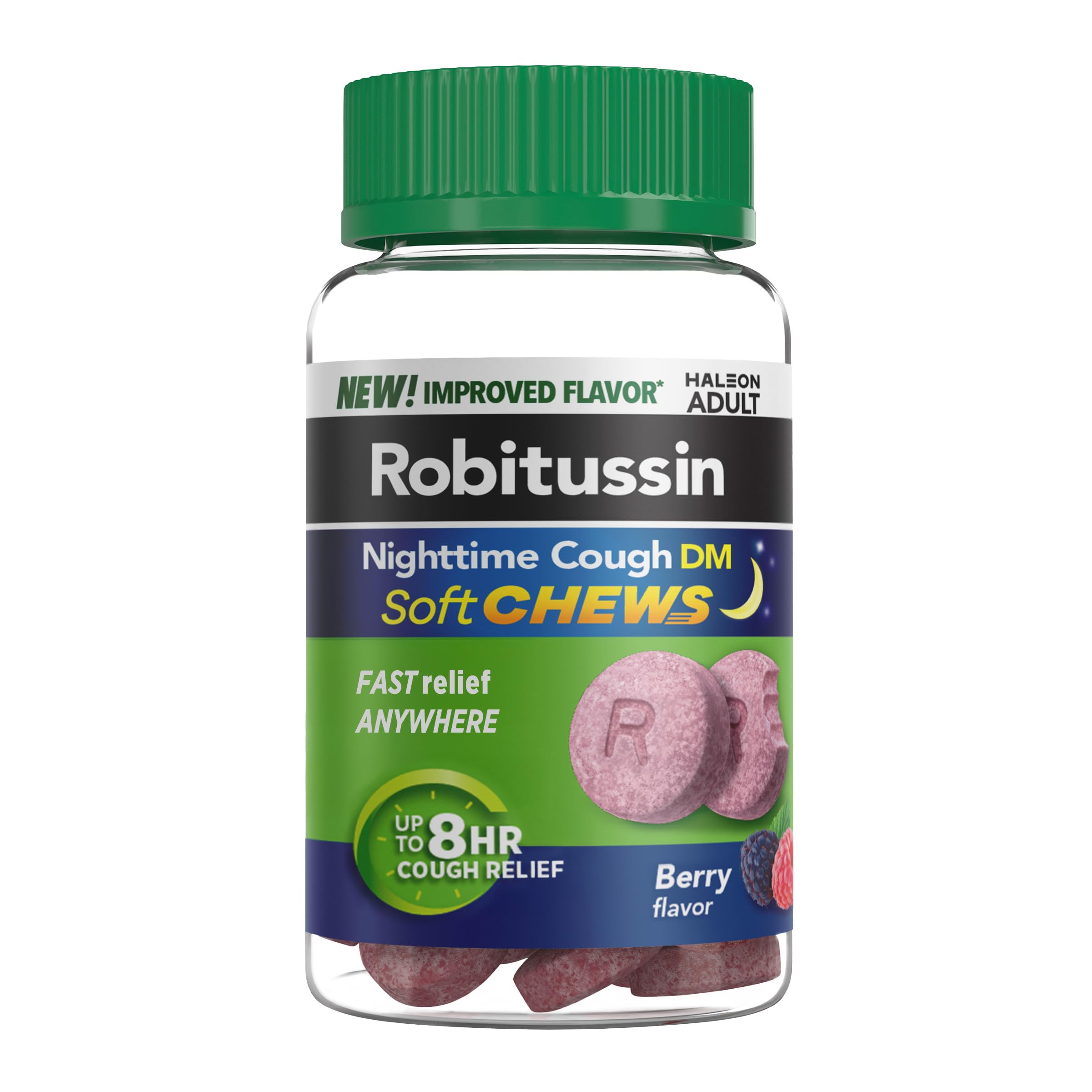 Robitussin Soft Chews Nighttime en botella, alivio nocturno de tos.