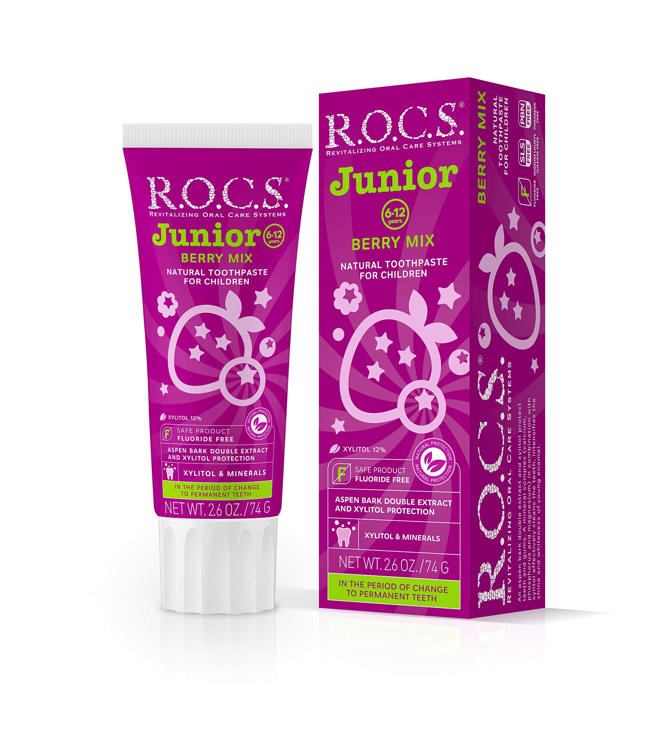 R.O.C.S. Junior frente del envase, sabor bayas para cepillado diario