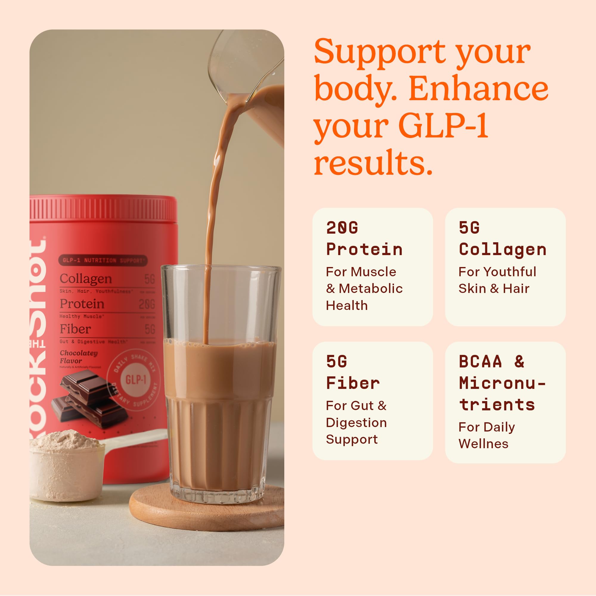 ROCK THE SHOT GLP-1 BCAA para soporte muscular y energía.
